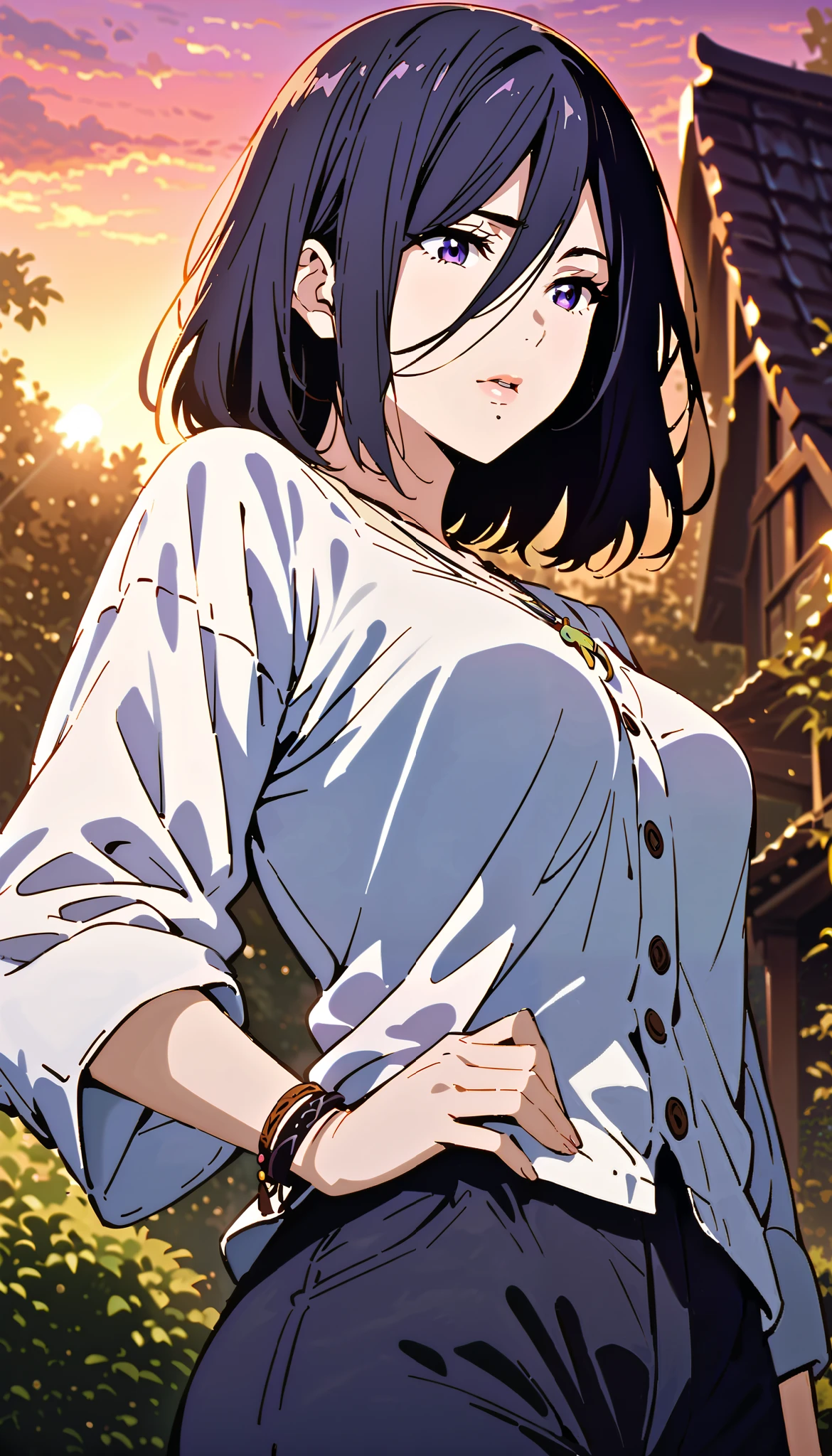 vintage movie, girl, short hair, navy hair, straight hair, woman body, solo
, hyuga clan, shinobi village, konohagakure, (((perfect lips))), perfect hair, looking down, shy, melancholic, ((young)), ((19 years old)), ((izumi nase)), score_9 , score_8_up , score_7_up , source_anime , 1girl , prefect lighting , very aesthetic , intricate details , highly detailed background , masterpiece , high quality , prefect hands , best quality , solo , kjoizumi , navy hair , purple eyes , medium hair , hair between eyes , mole under mouth , fish necklace , white shirt , bracelet , open blue jacket , black pants, hand on own hip , from below , looking to the side , outdoors , park , sunset , sunbeam , ((winter)), (Beautiful , medium Breasts:1 . 2) , natural breasts ,