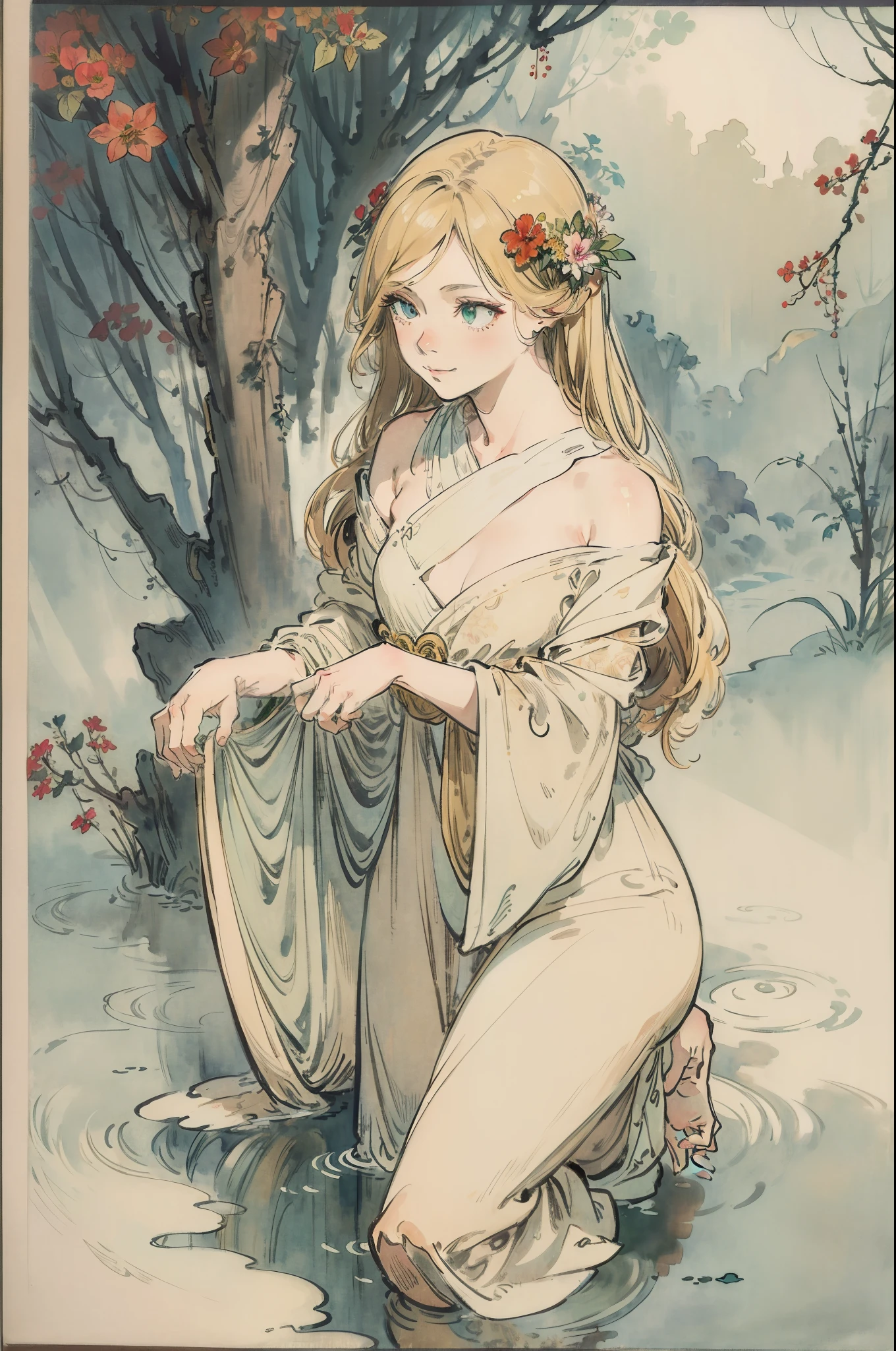 SFW,masutepiece, Best Quality, High resolution, 1girl in, Full body, Details Girl, detail hands, Detail fingers, Detail Face, detail legs, 1girl in, elf, Looking down, Flower Garden, Black sky, smog, watercolor paiting, pale skin, Petite, Blonde hair, Long hair, Wavy Hair, saddened, mournful smile, Green eyes, tareme, medium breasts, white sundress, (completely naked), Kneeling,(( Peeing, urinating)), exposed crotch, (exposed pusdy), (exposed vulva), ass cheeks.