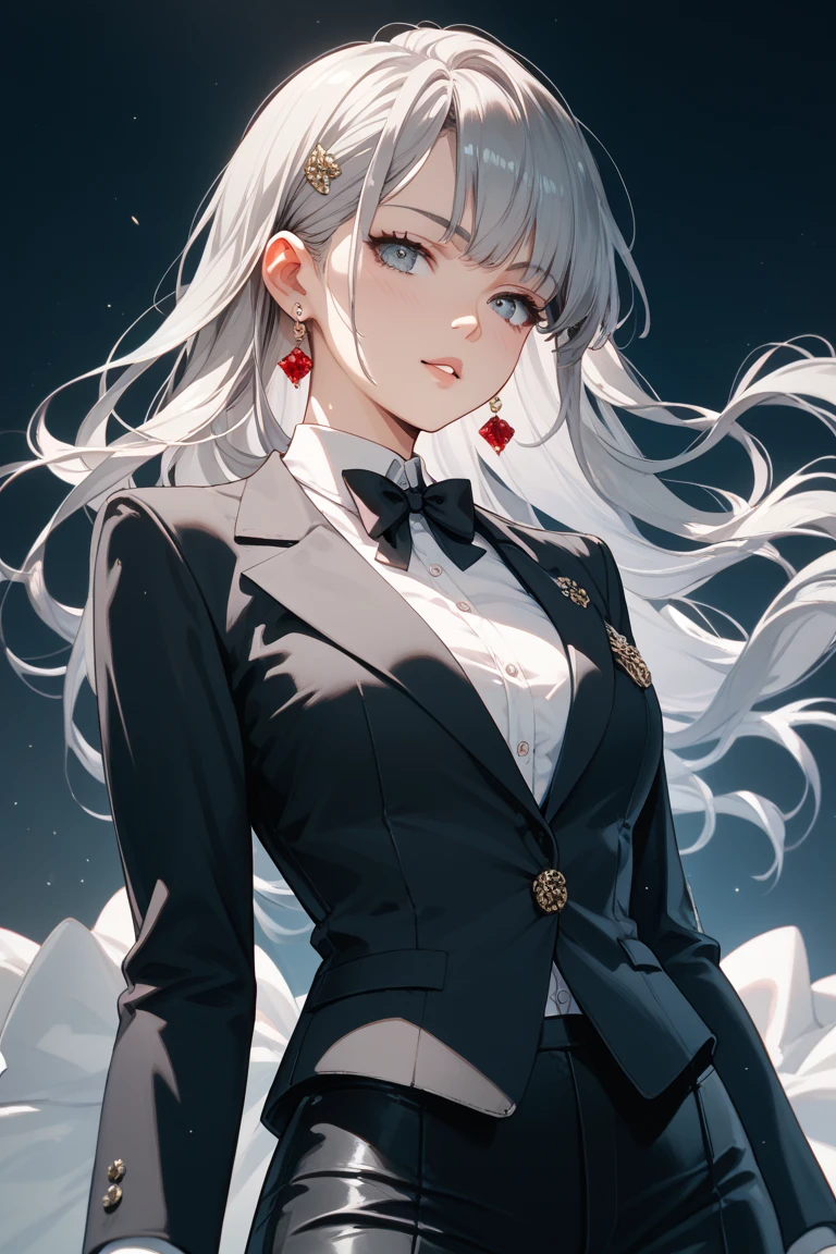((Best masterpiece, Perfect quality, Ultra detailed)), An illusionist girl, With skinny body, With small breasts, Wearing top hat, Wearing neat tuxedo