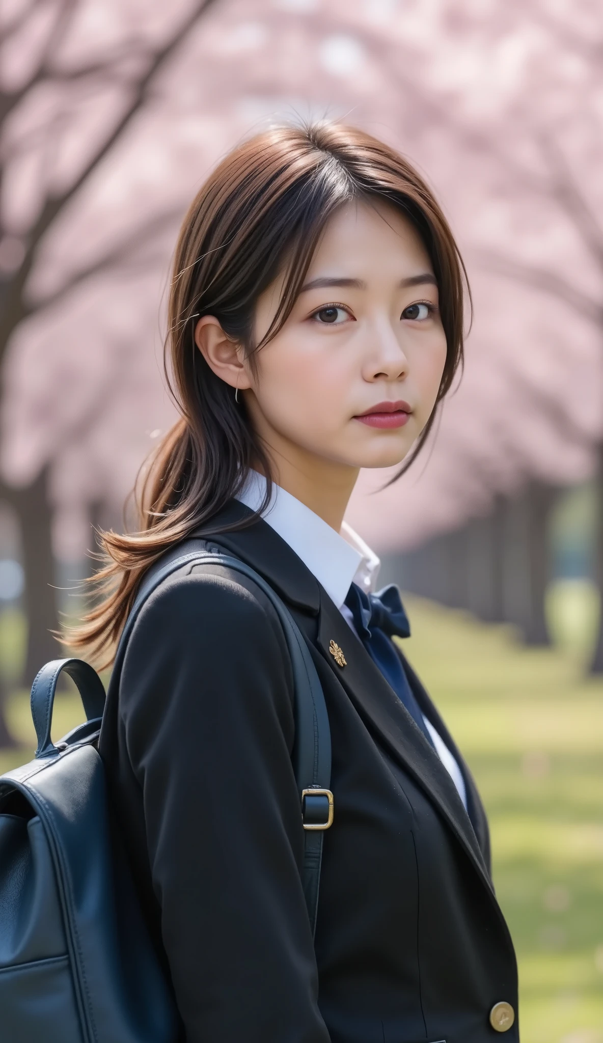 Focus on the character's face, breathtakingly beautiful, perfect configuration, Properly placed, golden ratio, masterpiece:1.2, Retro school girl photo, very realistic photo , beautiful Japanese woman's face, Front Map :1.21, she is staring straight at the viewer:1.331, is standing, anatomically correct proportions:1.2, small head:1.21, anatomically accurate for police officers/bodies5finger, without makeup:1.21, Scenery, SLIM JAPANESE WOMAN :1.21, simple uniform from a famous high school in the city , simple uniform from a famous high school in the city, blazers uniform, blazers, Black blazers, white shirt:1.21, dark blue thin loop ribbon :1.21, Black Box Skirt:1.331, and carry a dark blue school backpack on her back, black hair swaying in strong winds:1.21, low ponytail:1.21, detailed face, Clear brown eyes, beautiful, beautiful god dead face:1.37, fair, fine skin:1.21, cherry blossom petals fluttering around her :1.5, natural light illuminates her:1.37, pink cherry blossom motif background , Cherry blossom tree in the distance 々, her pale lips, blurry, Nostalgic Photos, warm emotional movie lighting ,