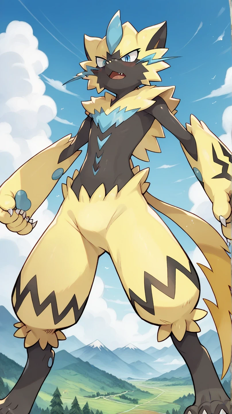 Zeraora Pokémon male , mountains, Sky Blue , white clouds , blue sky, in a forest, , aggressive look, WRITE LINES, Bipedal position, Alone, seen from below, mirando hacia abajo, in front, legs apart,stomp