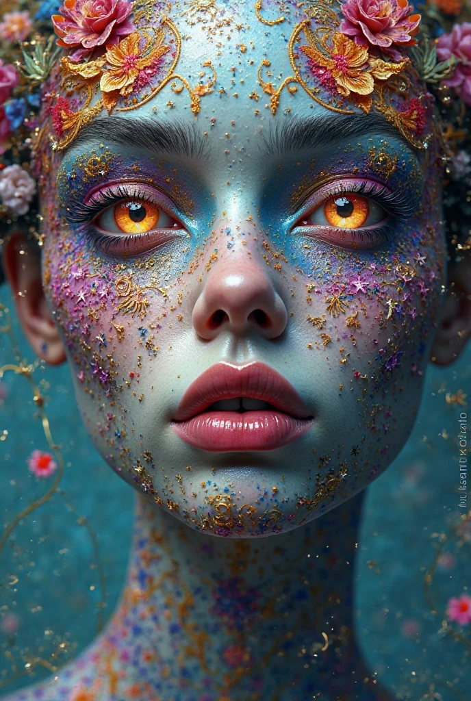 A vibrant and abstract representation of a face. The face is intricately painted with a myriad of colors, including shades of green yellow, purpure and Orange blak The eyes are particularly striking, with one having a deep blue hue and the other a fiery orange. The paint is thick and textured, giving the artwork a three-dimensional feel. Swirls of paint envelop the face, creating a sense of movement and fluidity. The background is a blend of various colors, further enhancing the overall vibrancy of the piece.
extreme Super detailed, ultra HD 8k resolution, cinematic mode 3D render, the highest degree of mega pixels size