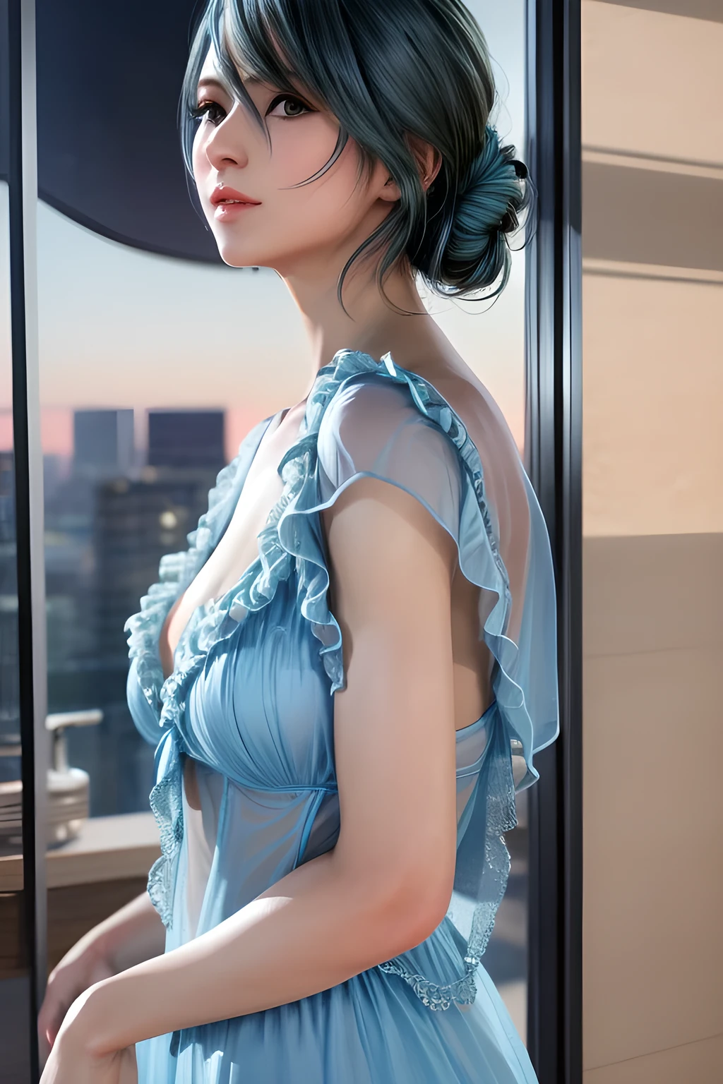 A tall, elegant woman wearing a light blue sheer evening gown with ruffle details and a high slit, standing in a modern bathroom with a glass wall overlooking a cityscape. Her hair is styled in an updo, The scene is illuminated with soft natural light, emphasizing a luxurious and sophisticated atmosphere. Photorealistic, ultra-detailed, 8K resolution.close up,