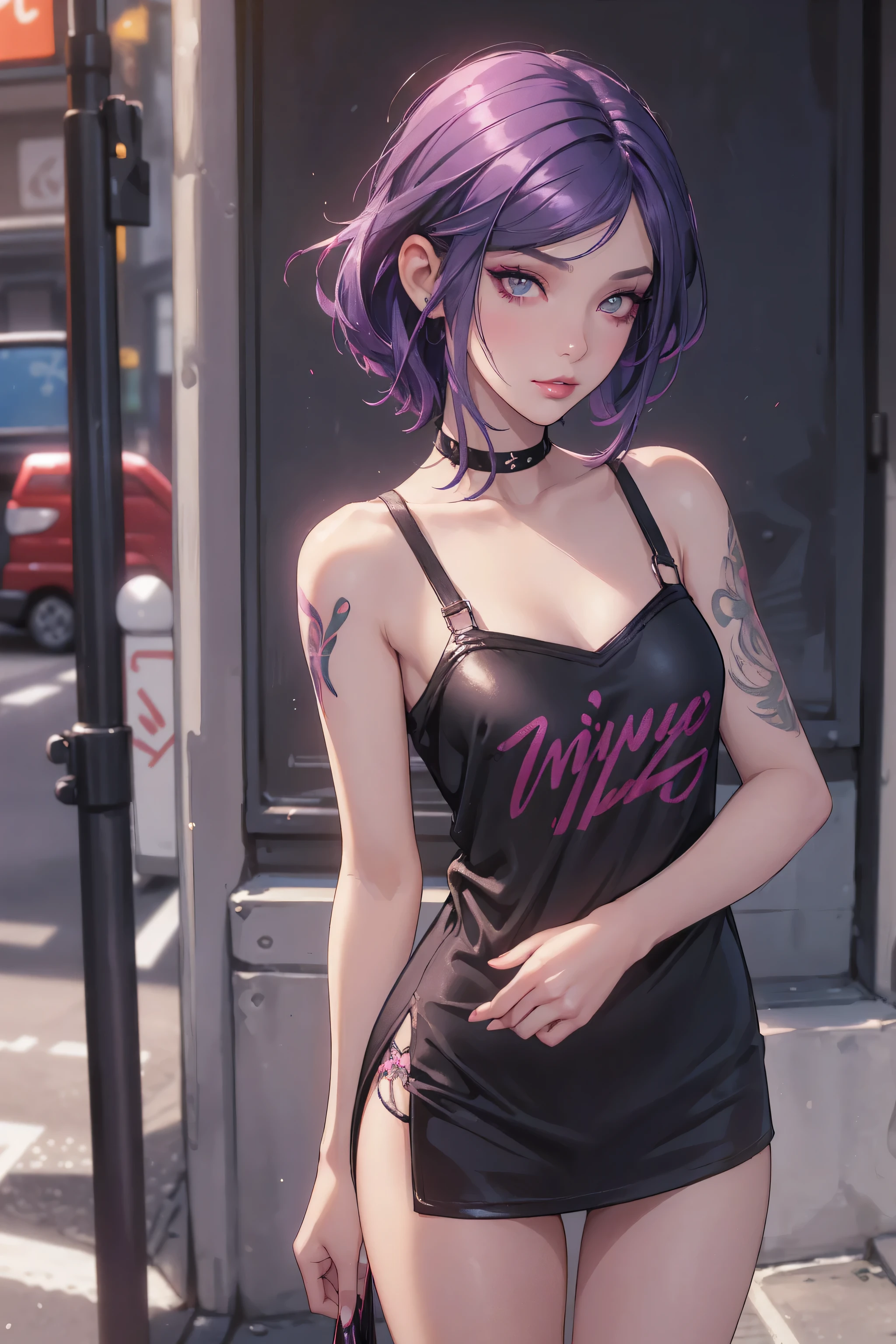 1girl,a beautiful fashion model ,(masterpiece, detailed background, best quality), short and shiny hair, dark purple gradient hair,smirk,juicy lips,red lips, (((sexy street clothes))), stripping, elegant makeup, exhibitionism, chloe price, alt girl, black tattoos, (((bratty slut, Pelo))), small,