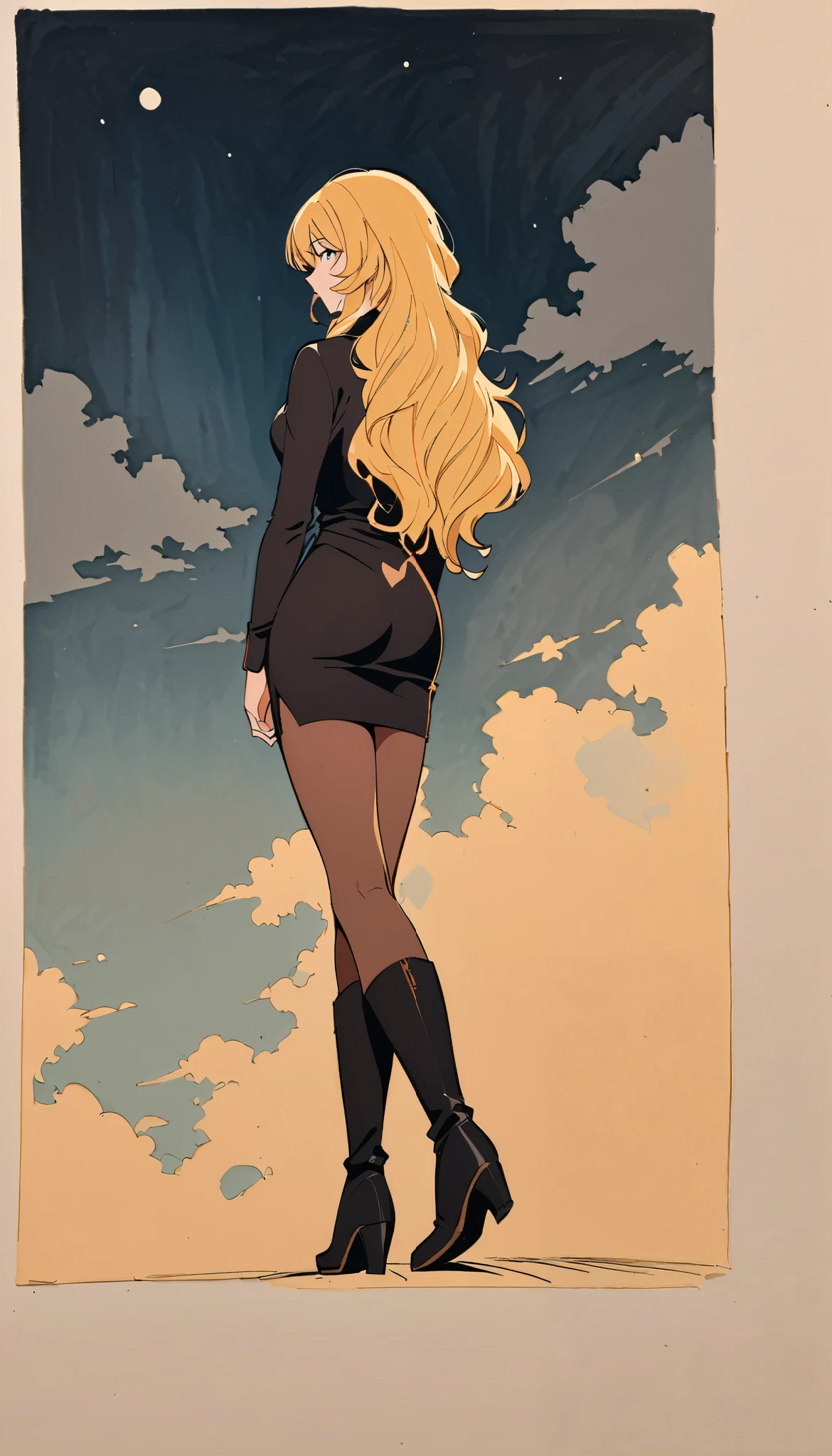 vintage movie, woman, mature, wavy blonde hair, woman body, black top, black bodycon skirt, black boots, dark room, Silhouette of clouds, traditional media, Contemplative. yang xiao long from rwby, dutche angle, ((from behind))