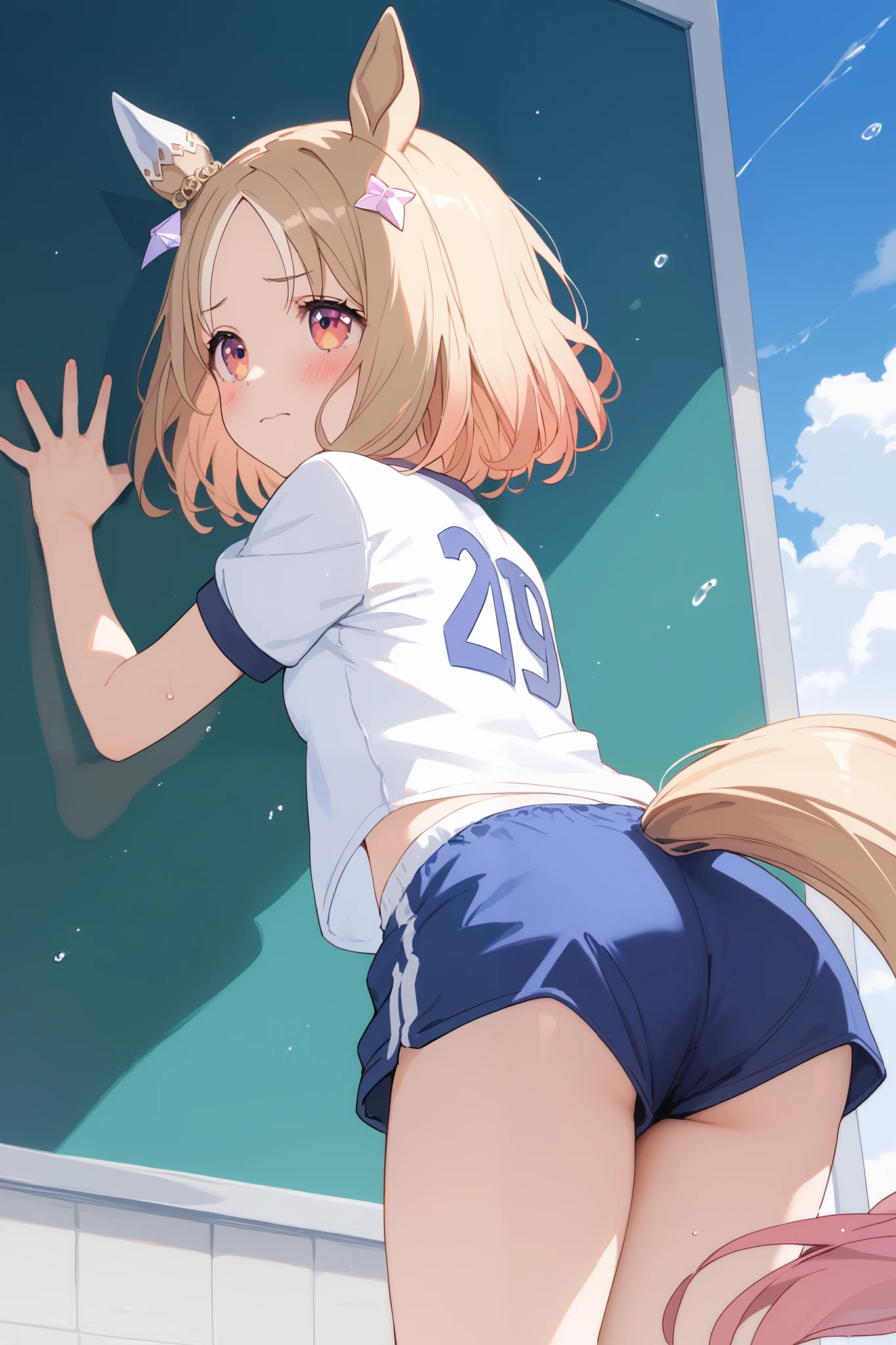 Narita, horse tail, short hair, animal ears, ear ornament, ear covers, single ear cover,(( Gold)), 1 girl, Alone, anime style,cute girl,Best Quality, super detailed, anime style,8k, high resolution, detailed images,precise face,cute face,(( white gym clothes )),((dark blue bloomers)),( on the lawn after the rain),((A little embarrassed face)),((school yard)),(( is standing backwards)),and my cheeks are dyed slightly red,((fixing the hem of a bloomer with your fingers)), image viewed from behind,(Up image from behind),((up image looking up from underfoot)),character up image,Lunch,the sun is bright,(smooth thighs),(An upshot from the thigh),(looking up at your upper body from your butt)