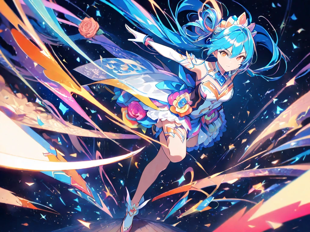 (人物: Usada Pekora), bunny girl, blue hair, twin braids, a girl, solo, {{masterpiece}}, best quality, extremely detailed CG unity 8k wallpaper, cinematic lighting, lens flare, beautiful detail eyes, side glance, colorful light, particles, (colorful:1.5), (colorful hair:1.5)