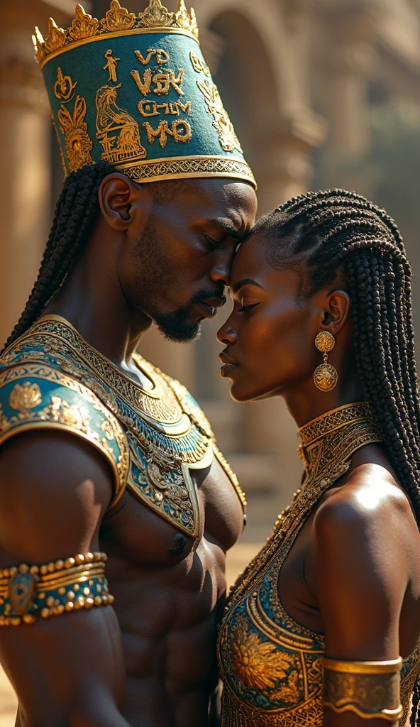 """
Generate an 8K fantasy illustration portraying the coexistence of an African woman in flowing blue fantasy attire (Yemanjá) and an African man adorned in ethereal white robes (Oxalá). Envision a mystical realm within a traditional white house where Yemanjá leans intimately towards Oxalá. Highlight the magical moment as Yemanjá's lips gently touch Oxalá's ear, capturing the essence of their intimate communication. Ensure the image maintains a fantastical atmosphere without excessive realism.
"""