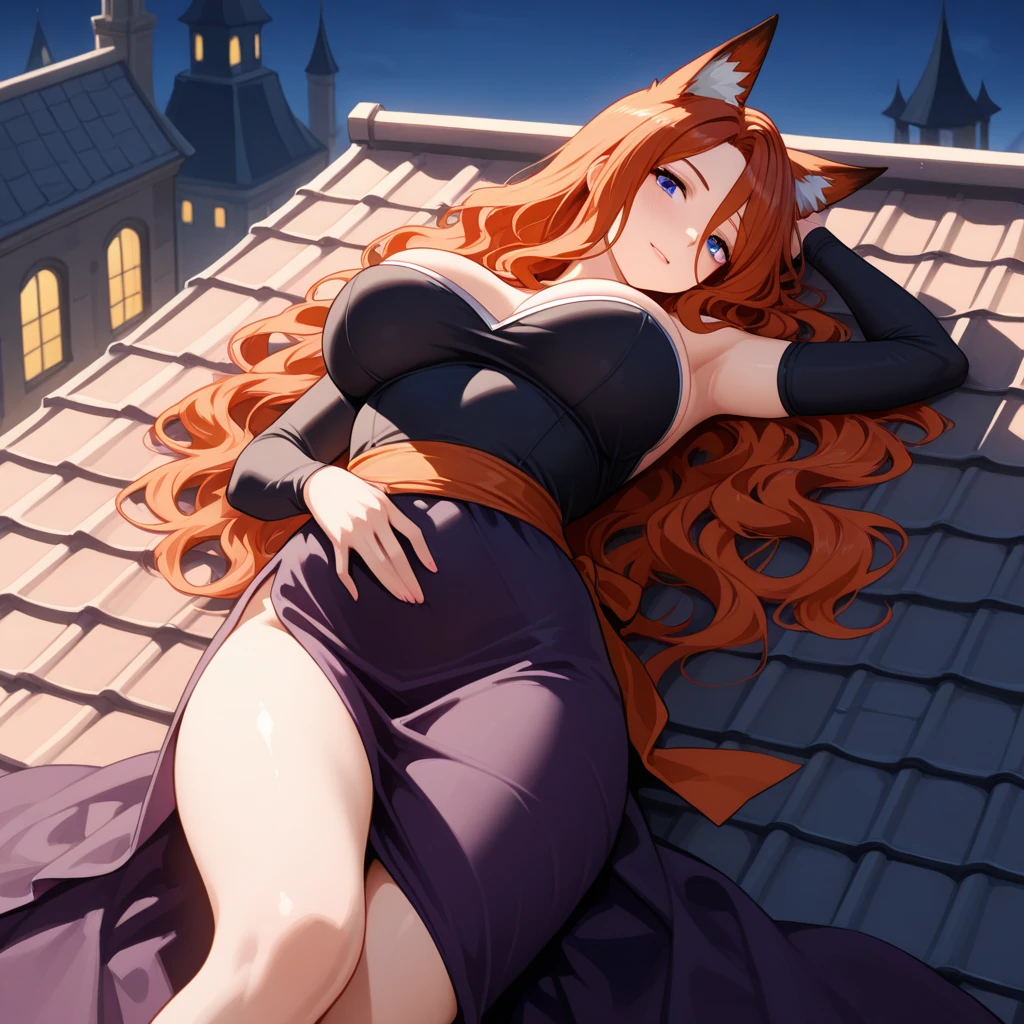 Anime mommy with orange hair and cat ears, wearing black robe on the sailing ship