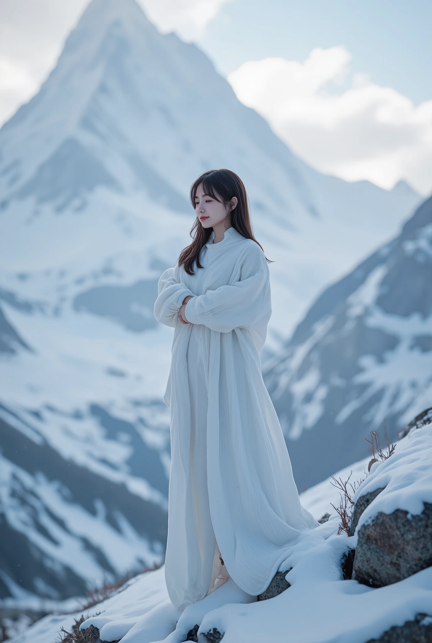 (ultra Realistic) , (illustration), (Enhance resolution), (8k), ( Extremely Detailed), ( detailed face ), Slim Body, in the dark , deep shadow, low profile, pureerosfaceace_v1, Happy smile, Winter, Mountain