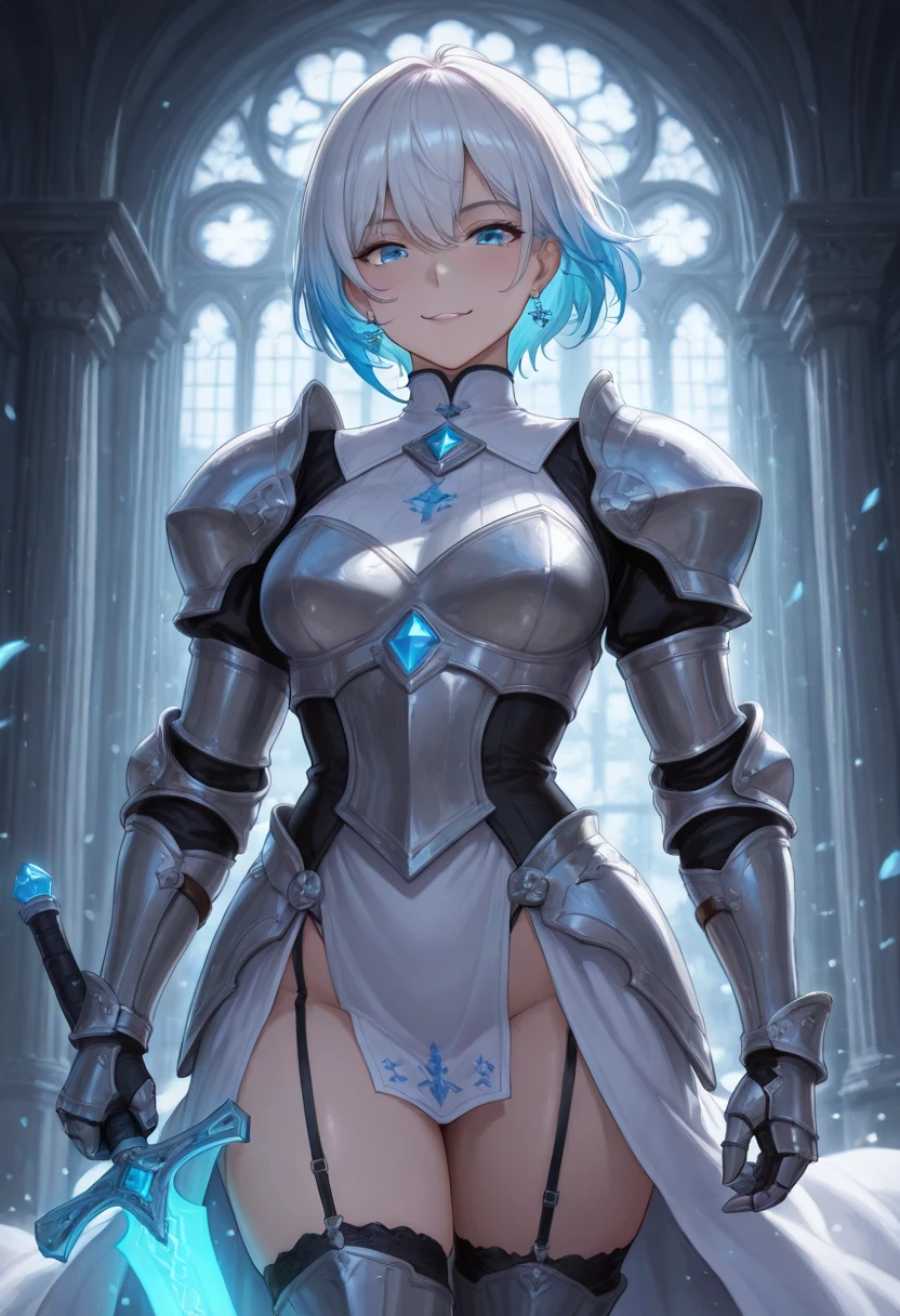 (((masterpiece))), (((Best quality))), ((ultra detailed)), (Cinematic lighting), (illustration), (beautiful detailed eyes), (1 girl), whole body, space, knight, silicone almost transparent armor, blonde hair, to walk, castle in the distance, Best quality, expressive eyes, perfect face, girl: (20 years, White hair, short hair, Silicone almost transparent armor suit),