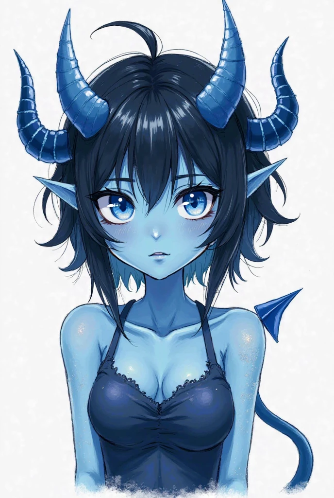 Succubus. Blue hair. Blue eyes. Blue horns. Slight blush. Slight smile. Small . Slightly feminine. Blue tail. Slight blush. Toungue out. Naked. Submissive