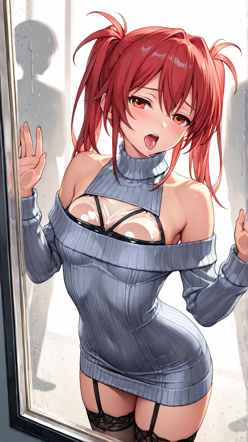 masterpiece, best quality, HD, 4K, Ultra-high resolution, Extreme Detail, Super detailed,beautiful eyes, beautiful hair, Beautiful side, beautiful skin, reality, Arima Kana, Redhead,short hair, red eyes, big breasts,topless, arms in front spread arms,ahegao, blush, sweat, Charming smile, Close-up, Look at the viewer