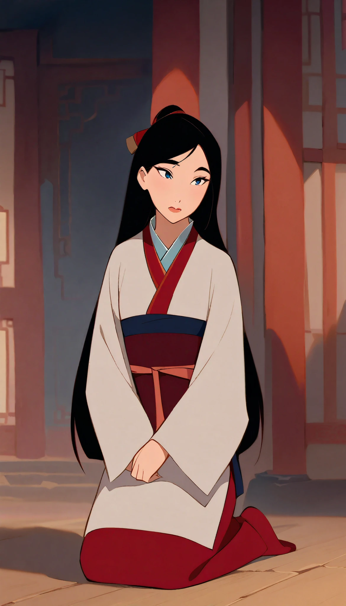 Hua Mulan,Show female shy,19 years old, like a porcelain doll, fine features, delicate,Black and red color scheme,poster,iconic disney characters。shonen style, anime style, straight hair, big hair, ((long hair)) ,japanese young woman warrior, black hair, traditional japanese dress, ((seiza posture)), bottom perspective, panoramic view, fantastic lighting, detailed, with an sword, ((perfect eyes)), ((really shy)), woman body, kunoichi, ((closed mouth)),((loooking down)), ((woman))