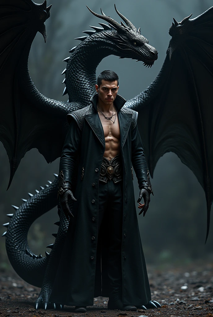 Angel male 30 years old, pale skin, blue eyes, black hair, big and black bat wings, wearing black suit, with piercings and old tattooed symbols, holding a snake on top of mountain in sunrise., messy hair, Hyperrealism, god rays, glowing light, UHD, anatomically correct, 1080P