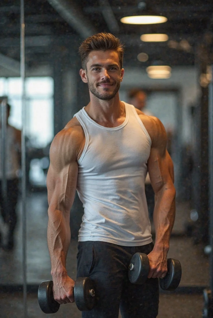 hot nerdy 20yo guy, gay professional bodybuilder, huge muscles, steroid addict, thick thighs, plump lips, standing in the gym, stunning smooth boyish face, wearing a fluffy white sweatshirt and gym shorts, flirty smile, perfect bleached white teeth