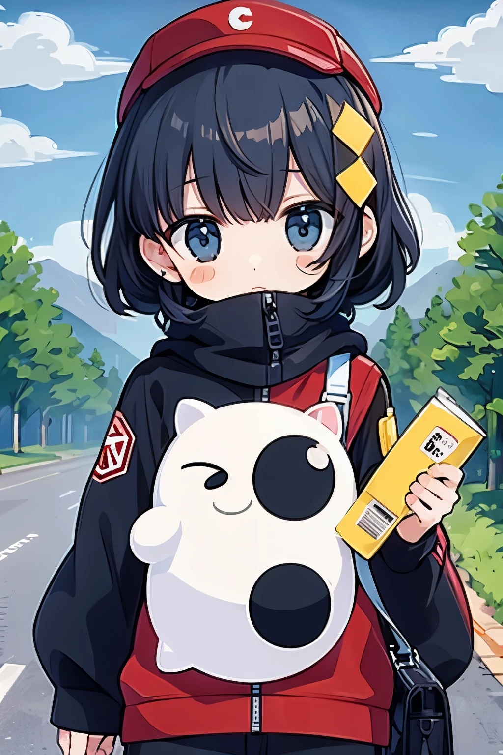 (sticker),#quality(8k,best quality, masterpiece),solo, #1girl(cute, kawaii,small ,smile,hair floating,hair color cosmic,pigtail hair,zombie skin,ghost skin ,skin color blue,pale skin,eye color cosmic,eyes shining,big eyes,damaged clothes,heavy metal costume,smirk,isolated on pink background,full body),#background(monotone,pink,no background,isolated on pink background)