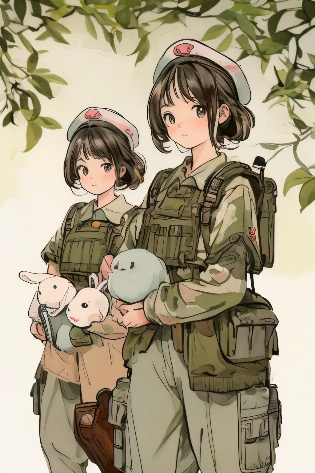 pastel painting、A girl soldier is leaning on a caterpillar in a tank、reading a book.、 next to her , A white rabbit is reading a book with a girl , .、 short brown haired girl 、 、I'm wearing long pants and brown leather combat boots、 a girl is carrying a rifle on her shoulders 、 reading with both hands 、a gentle expression、 rabbits are cute and hairy 、many military vehicles are lined up around the girl.、Surrounding trees々,The color reminds me of fall leaves .、masterpiece, Best Quality, high resolution, details, Extremely detailed design, masterpiece, Best Quality, high resolution, details design,
