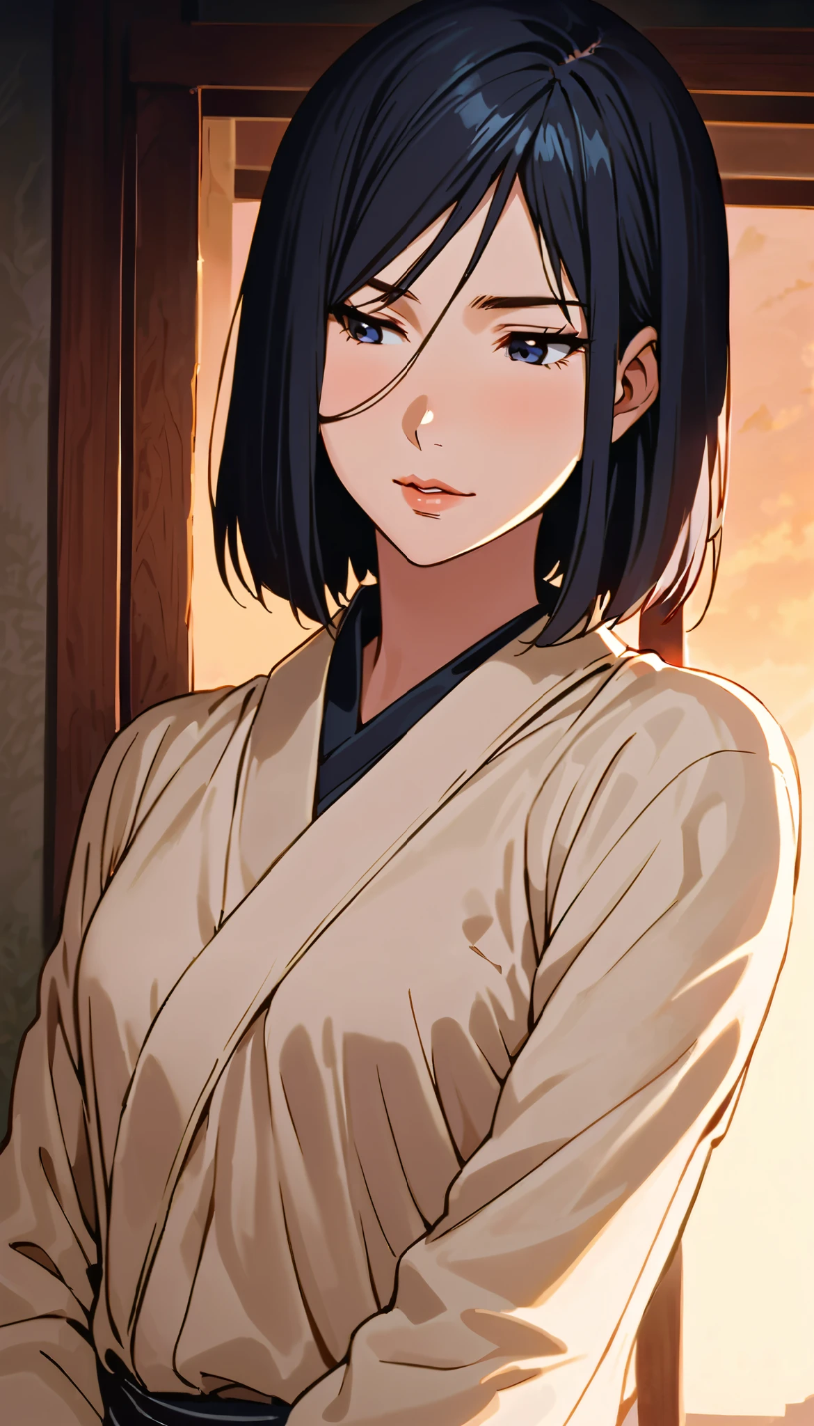 vintage movie, girl, Izumi Nase, short hair, navy hair, straight hair, woman body
, hyuga clan, shinobi village, konohagakure, (((perfect lips))), perfect hair, looking down, shy, melancholic, ((young)), ((19 years old)), shonen style
((solo girl)), ((feminine)), ((sweet)), pure, ((litle smile)), she's a doctor, medic, talkative, sensitive
