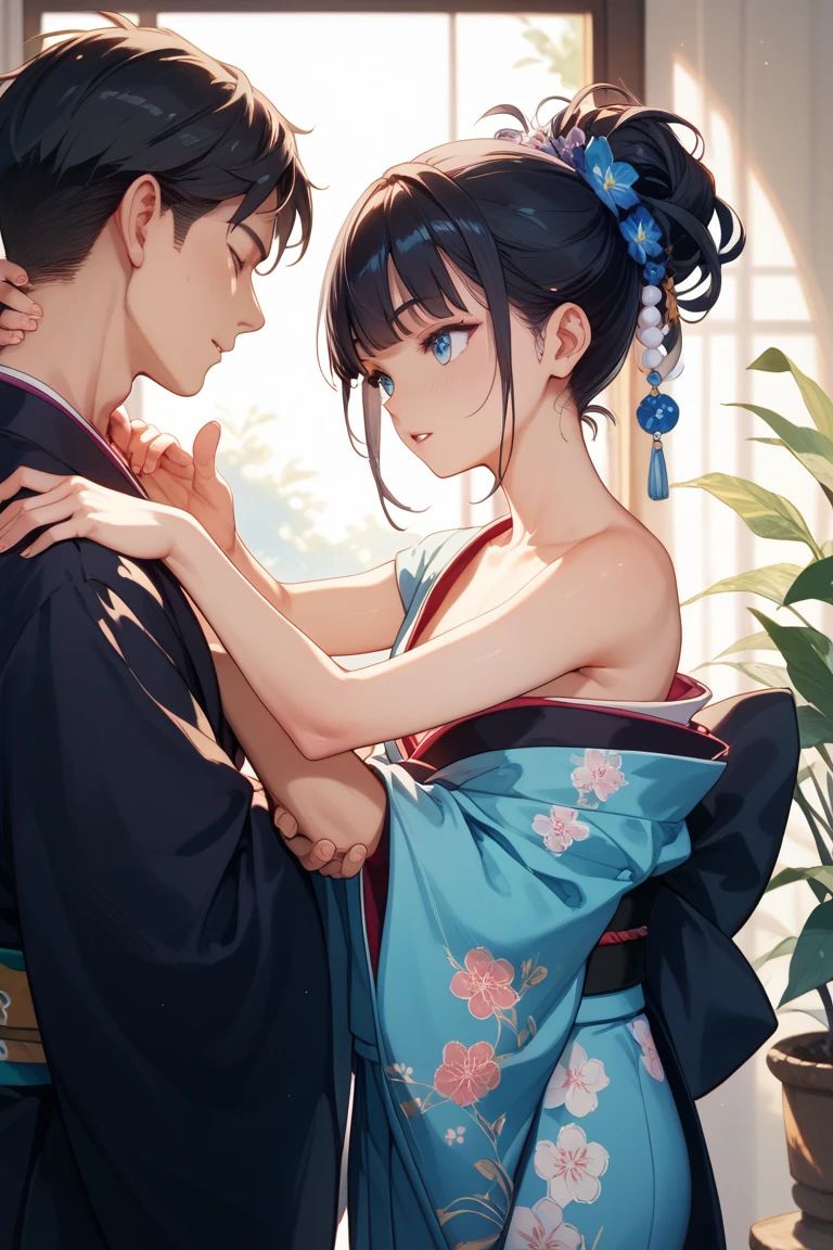 Anime characters in scene with sky background, movie style with your name, TV anime stills, your name, Fiona Staples and Makoto Shinkai, Gwise and Makoto Shinkai, Makoto Shinkai and bioware, Makoto Shinkai, anime movie stills, screenshots of anime movies, (1 male: 1.3), (1 female: 1.3), (male and female couples: 1.4), Man with short hair and woman with long hair, beautiful detail background, (8K image quality), (Ultra high definition: 1.2), masterpiece, highest quality, high resolution, "Couple hugging and kissing", "The riverside with fireflies dancing, the moon and the starry sky create a beautiful contrast.", "Man wearing a yukata with chest visible", "Her hair and yukata are swaying in the wind." "A fantastic space with fireflies dancing", yukata with cleavage, moonlight, stunning bust