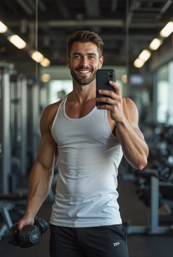 A young Maghrebi of 23 years 24 years clean shaven without beard and short hair selfie at the gym staring at the mirror with a charming look