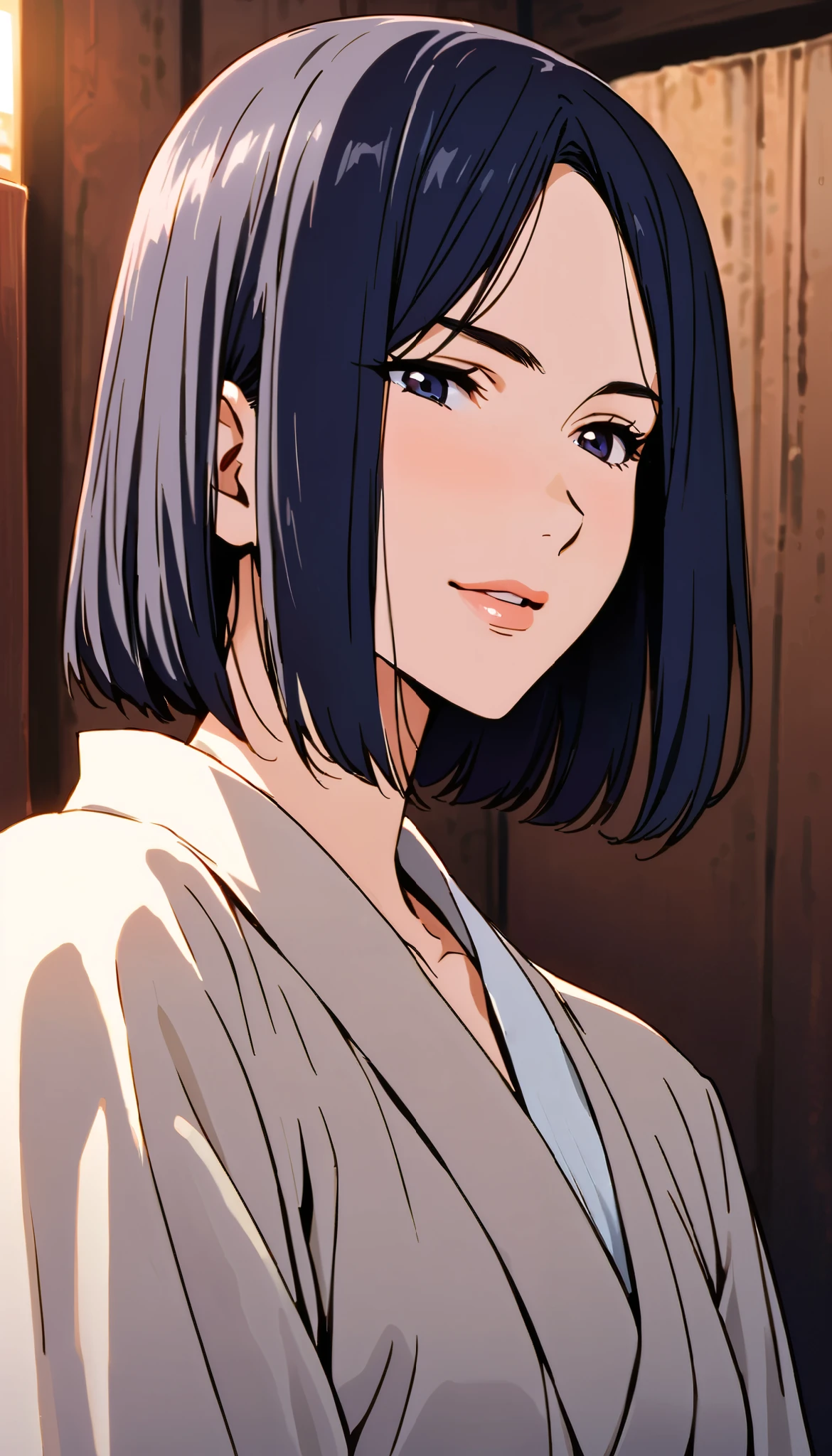 vintage movie, girl, Izumi Nase, short hair, navy hair, straight hair, woman body
, hyuga clan, shinobi village, konohagakure, (((perfect lips))), perfect hair, looking down, shy, melancholic, ((young)), ((19 years old)), shonen style
((solo girl)), ((feminine)), ((sweet)), pure, ((litle smile)), she's a doctor, medic, talkative, sensitive