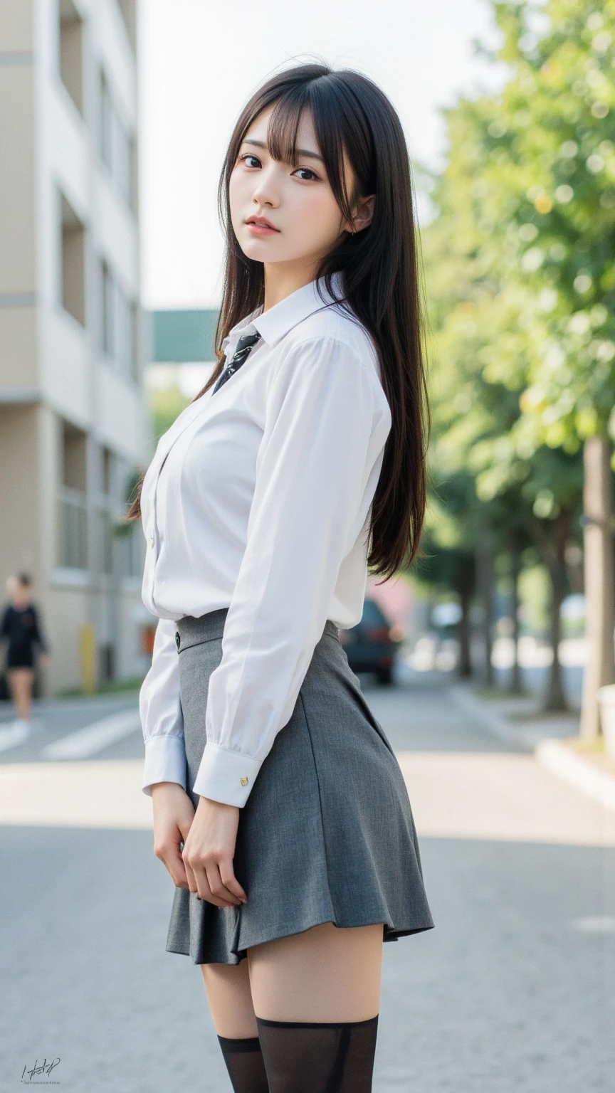 (8k, RAW photo, best quality, master:1.2), (realistic, photo-realistic:1.37), best quality, ultra high res, photon mapping, radiosity, physically-based rendering,bblurry, blurry_foreground, depth_of_field, blurry_background, photo _ \(medium\), motion_blur,1girl, (whole body), long legs, thin legs, Long hair, bairs,(see through bangs), hair_ornament, lips, hairclip, solo, blue_eyes, nosesoft,china,White shirt,Gray Plaid pleated skirt, opaque dress, top view, black loafers, thigh high, black cotton socks,