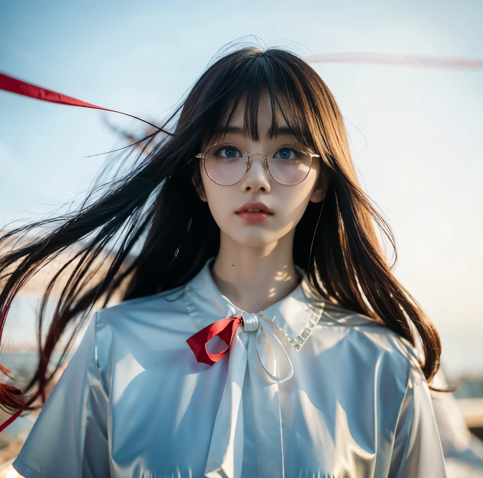 8K quality, pictures, Two beautiful men and beautiful women, Beautiful like a goddess, The backlight of the sunset is so dazzling that the characters are hazy, above chest shot at the ruins, (White blouse with red thin string ribbon tie:1.2), (Fine silver glasses:1.2), (Brilliant, beautiful light blue eyes and beautiful hair:1.2), Hair flying in the wind, Whitening skin like white porcelain, Half Up with Bangs, Photograph,