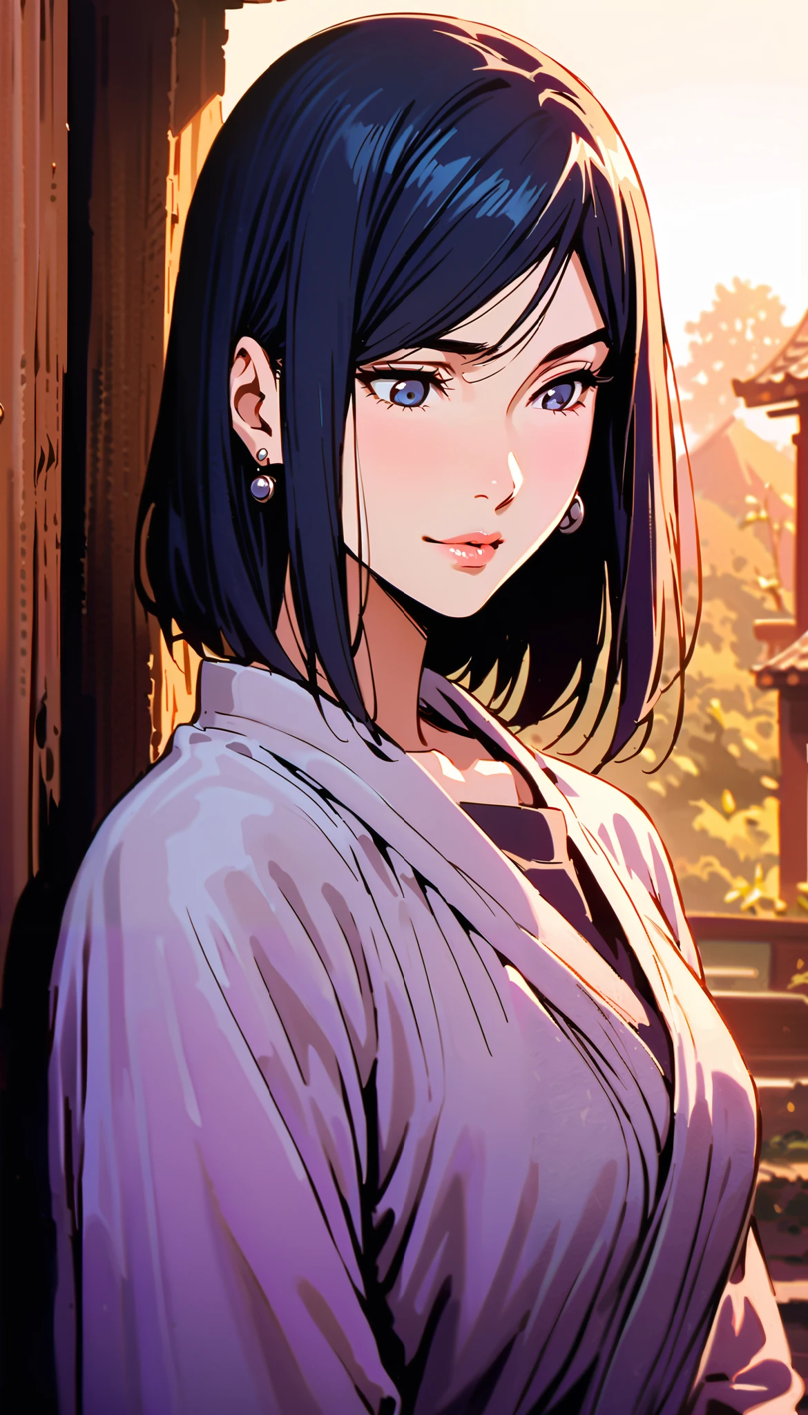 vintage movie, girl, Izumi Nase, short hair, navy hair, straight hair, woman body, cute earrings, ((dressed like hyuuga hinata from naruto))
, hyuga clan, shinobi village, konohagakure, (((perfect lips))), perfect hair, looking down, shy, melancholic, ((young)), ((19 years old)), shonen style
((solo girl)), ((feminine)), ((sweet)), pure, ((litle smile))