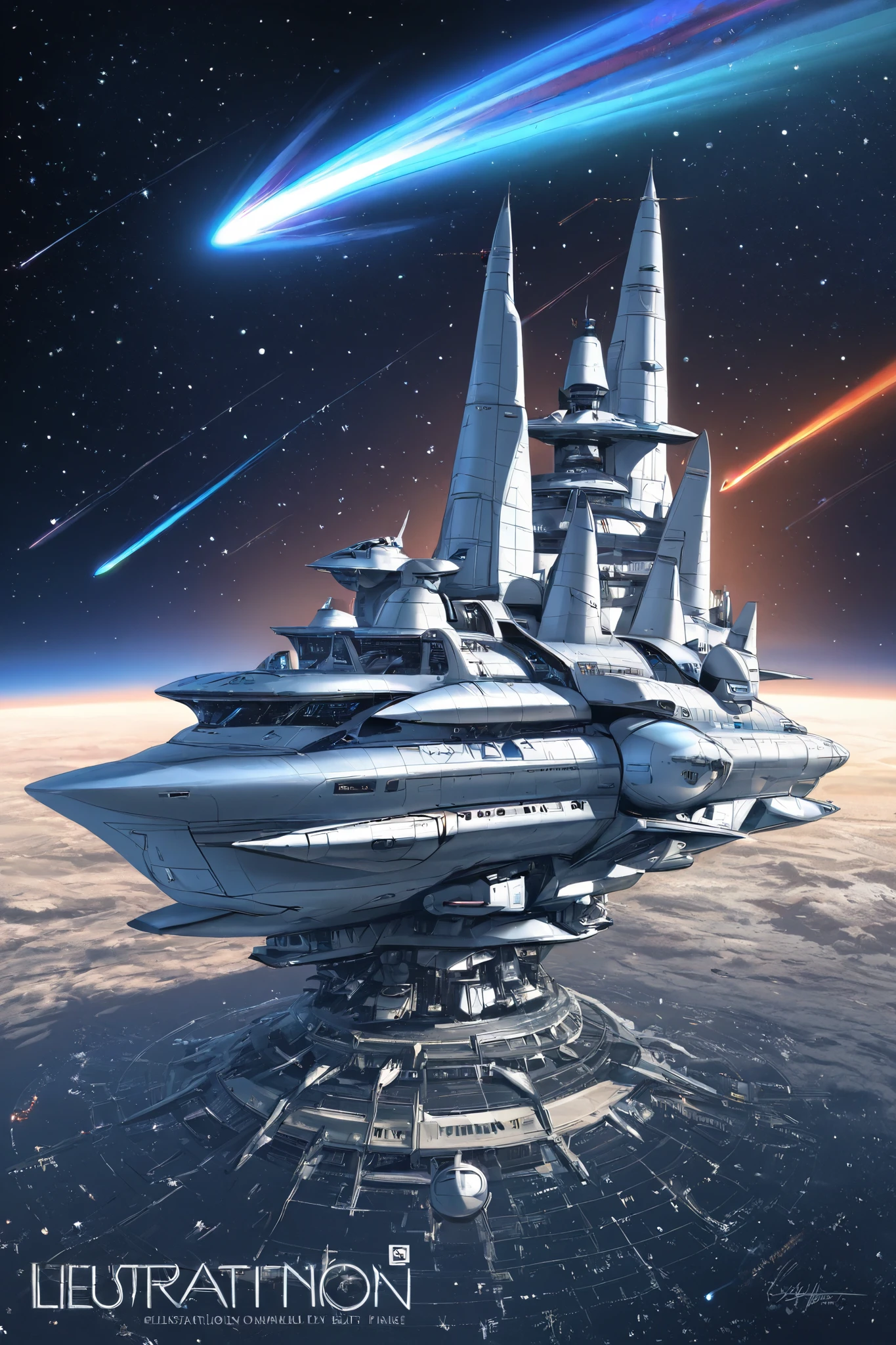 Space ship, captain future, comet, extremely fine and beautiful design, illustration, masterpiece,best quality, high resolution, 8k, dynamic production, 