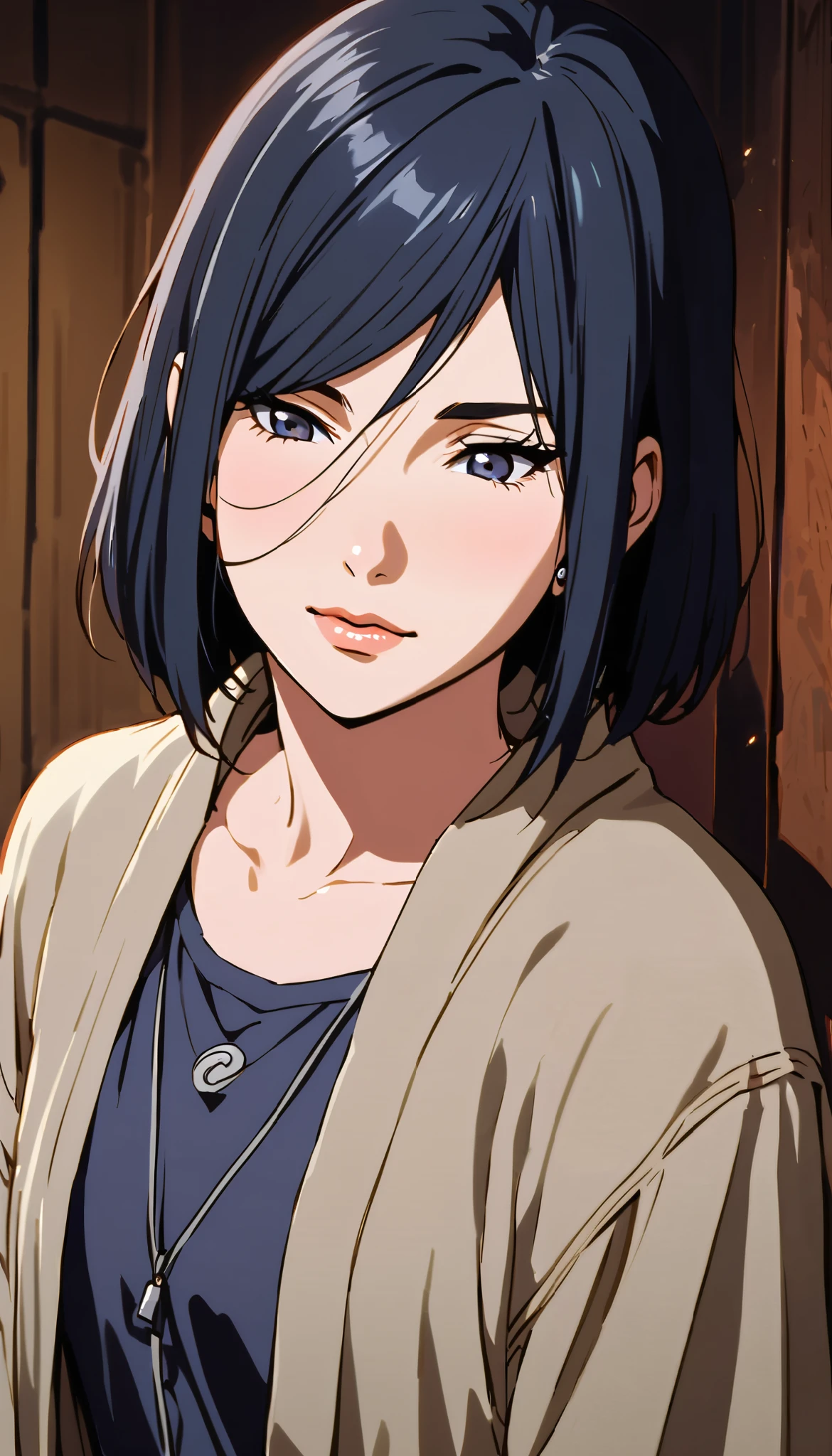 vintage movie, girl, Izumi Nase, short hair, navy hair, straight hair, woman body, cute earrings, ((dressed like hyuuga hinata from naruto))
, hyuga clan, shinobi village, konohagakure, (((perfect lips))), perfect hair, looking down, shy, melancholic, ((young)), ((19 years old)), shonen style
((solo girl)), ((feminine)), ((sweet)), pure, ((litle smile))