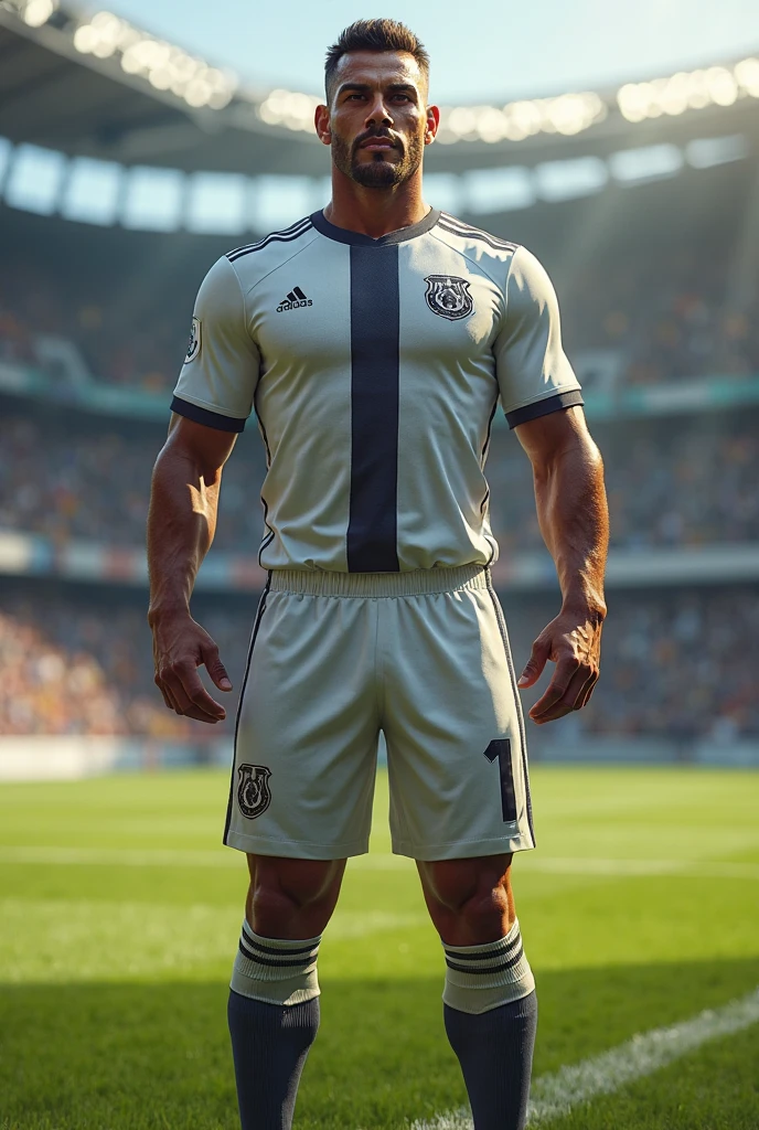 football uniform, tricolor shirt, gris, white, black, calção gris, meias blacks.