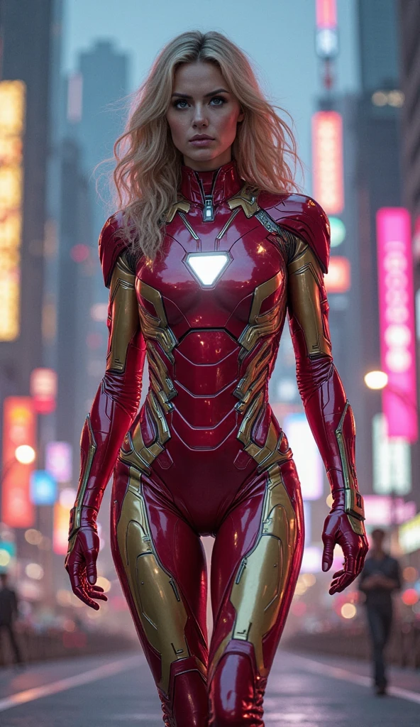 ((masterpiece, 8K, 3D, Realistic, Super Detail)), (1girl:1.3), slender 17 age, Ultra Micro photography, Super realistic, Perfect face, Beautiful features, ((Perfect female body)) Beautiful features, ( body), ((small hip)), Vanessa Kirby as ironman ((Exposed thigh)), Exposed Skin, Front Full body Shot, full body portrait, futuristic city background
