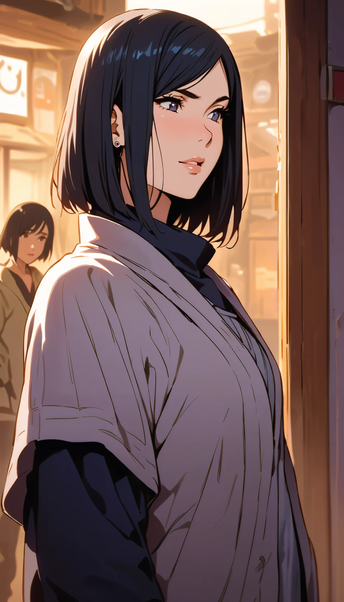 vintage movie, girl, Izumi Nase, short hair, navy hair, straight hair, woman body, cute earrings, ((dressed like hyuuga hinata from naruto))
, hyuga clan, shinobi village, konohagakure, (((perfect lips))), perfect hair, looking down, shy, melancholic, ((young)), ((19 years old)), shonen style
((solo girl)), ((feminine)), ((sweet)), pure, ((litle smile)), she's a doctor, medic