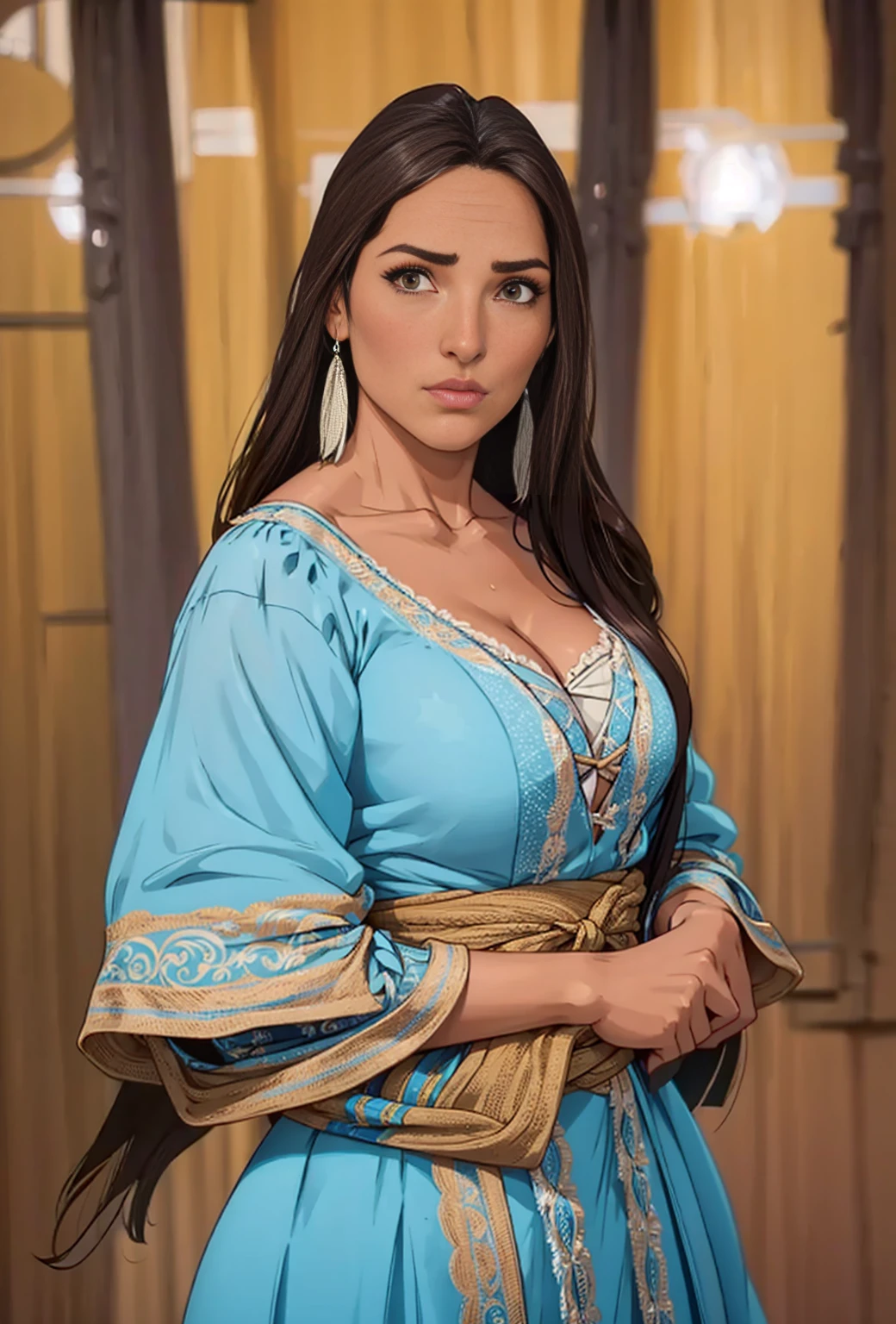 A charming and beautiful, fantasy medieval arabic woman with tan skin looks like Penelope Cruz, long wild wavy dark hair that she tied with a (turban:0.8) like muted pink bandana and sash, and dark brown eyes. she wears white and arab dress with leather bracers, and wearing Aladdin style pants, with daggers and bow, close up painting