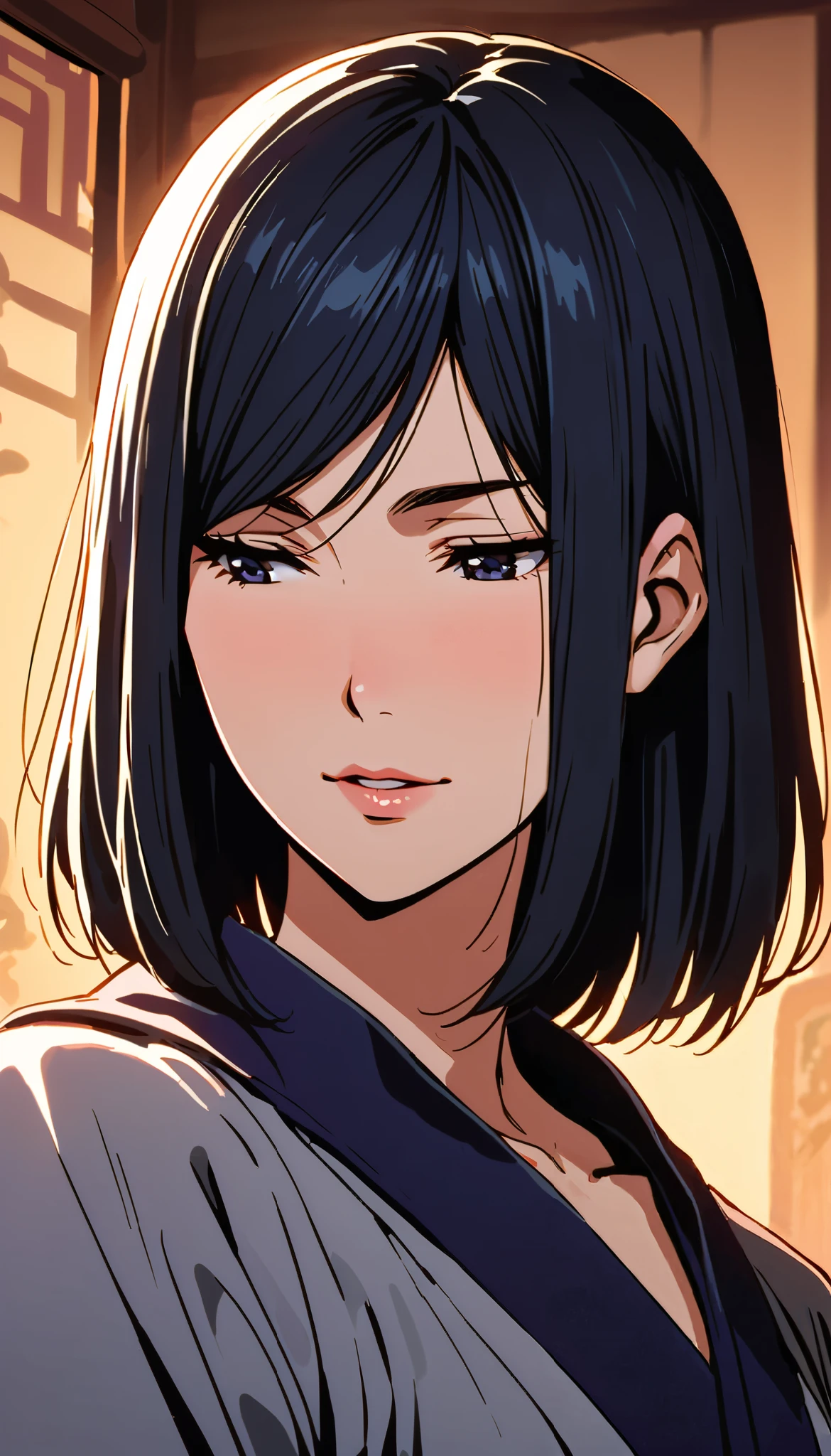 vintage movie, girl, Izumi Nase, short hair, navy hair, straight hair, woman body
, hyuga clan, shinobi village, konohagakure, (((perfect lips))), perfect hair, looking down, shy, melancholic, ((young)), ((19 years old)), shonen style
((solo girl)), ((feminine)), ((sweet)), pure, ((litle smile)), she's a doctor, medic