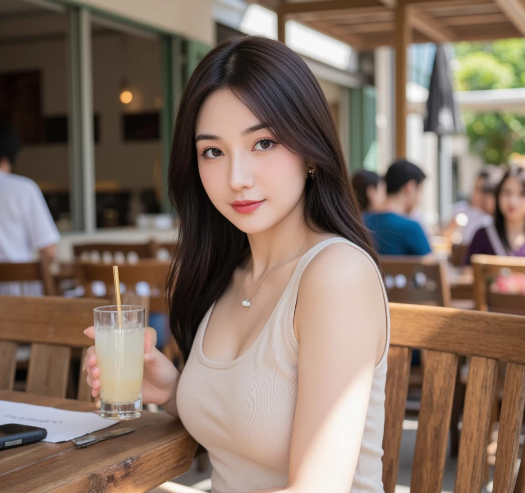 masutepiece, Best Quality, Illustration, Ultra-detailed, finely detail, hight resolution, 8K Wallpaper, Perfect dynamic composition, 1 beautiful girl, Beautiful detailed eyes, Girly blouse, Medium Hair, Normal breasts, Natural Color Lip, Random Poses, Smile, Open mouth:0.8, fashionable cafe, 20 years girl, sit, Chocolate parfait in a vertically elongated glass on the table,
