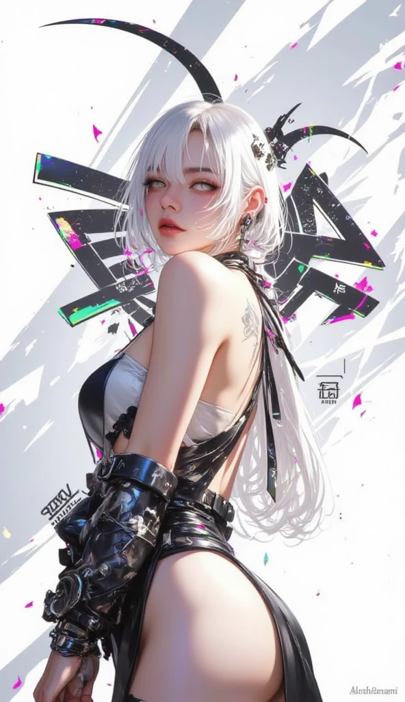 portrait, with white satin panties, (8k, RAW photo, best quality, ultra high res, photorealistic, masterpiece, ultra-detailed, Unreal Engine), wide legs, low camera, close camera, best quality,1girl, solo, striated hair, choker, (graffiti: 1.25), paint splash, arms on hips, perky, looking at camera, armband, thigh strap, striated hair, , eyes turned up, head down,  head tilt, tight, thin, small, perfect face, armpits, back view,butt focus