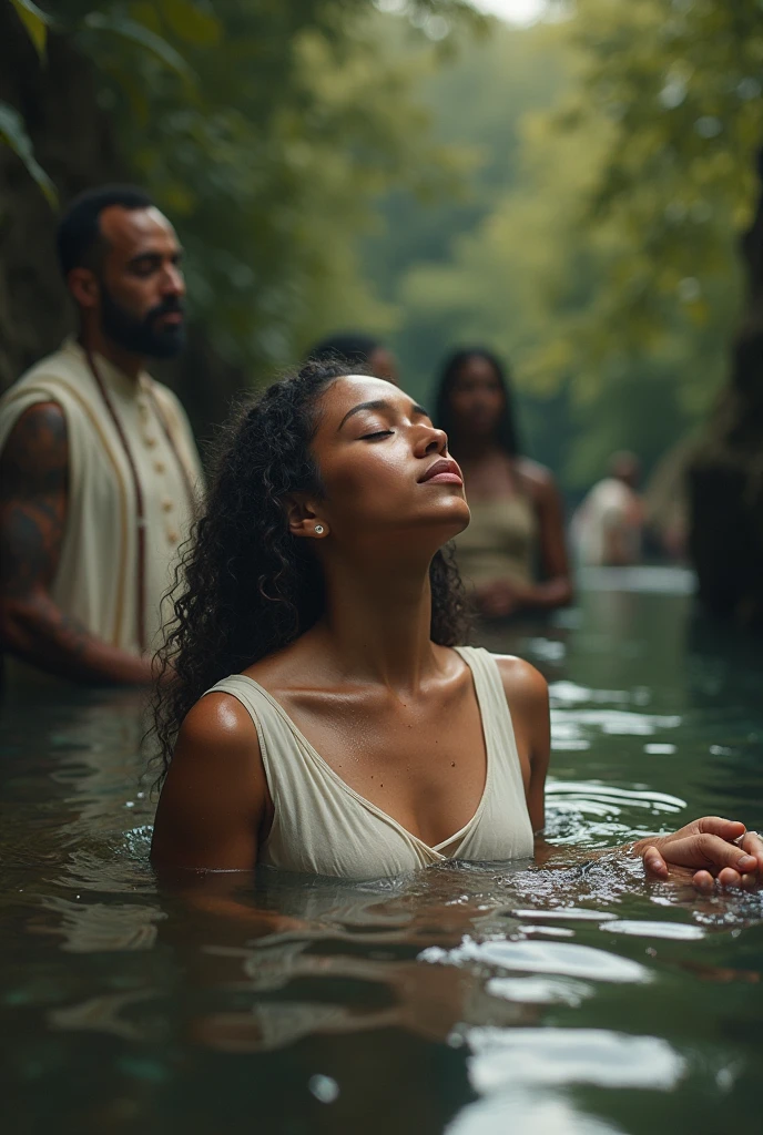 An African Goddess WITH LONG WET HAIR, translucent water dress that flows into the water, SITTING BY a pool of water IN A CAVE UNDER THE waterfall. glowing whirlpool of water