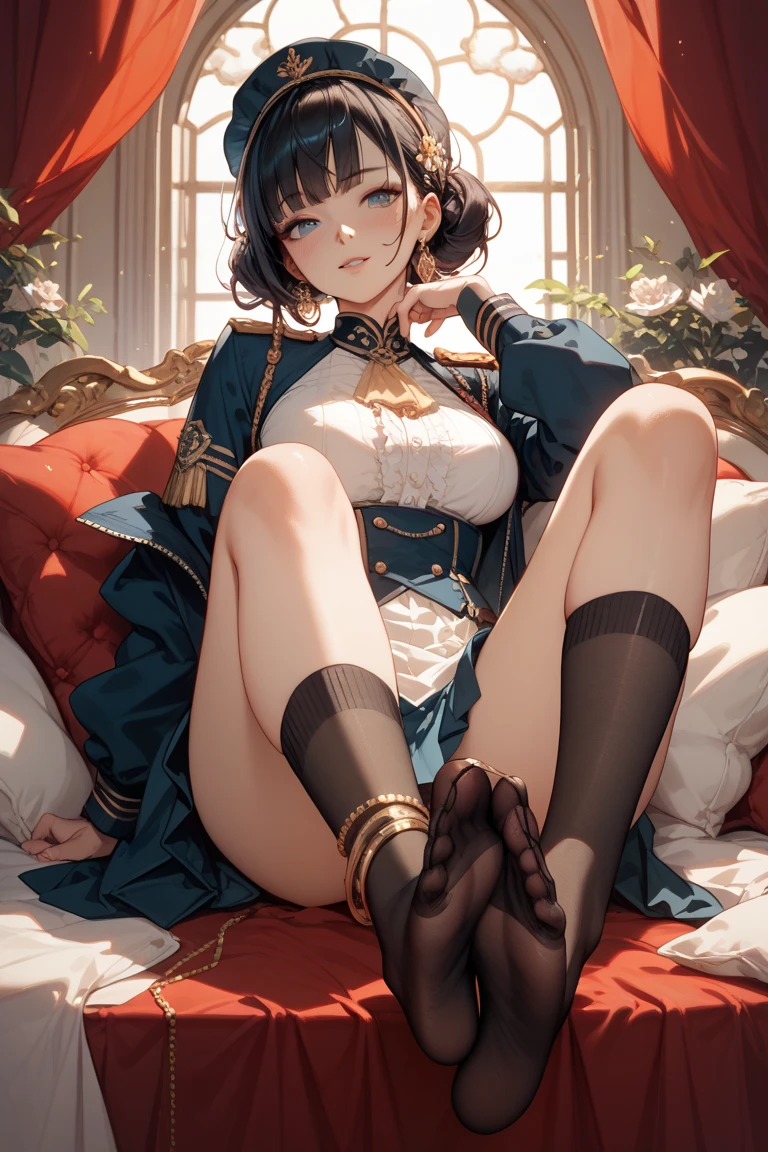 (((Horse Girl))), (((Fine Motion))), 1 person, Thighs, sitting on a luxurious red sofa, (((So that the crotch is well visible))), (((Legs spread wide))), smile, Dress like a young lady, (((Sexy panties with green embroidery))), High resolution, Her breasts are elegant and large.,