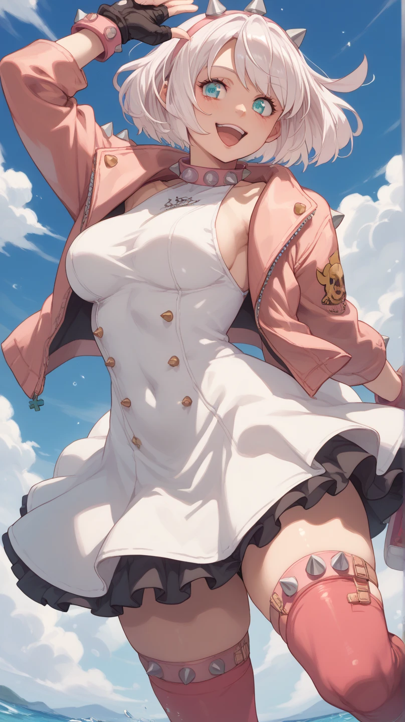 Blow blow,Plump body，Objects float in the air，having fun，cropped shoulders，huge saggy，White tight，Open in the middle，Naked crotch，pink big breasts，The stockings made several big holes in her，Exposing the abdomen，Fleshy thighs，Soft，pink armpits，Ocean park，Comic cover style，Comic title,tmasterpiece， High- sharpness， high high quality， Detailed faces， detailed body render
