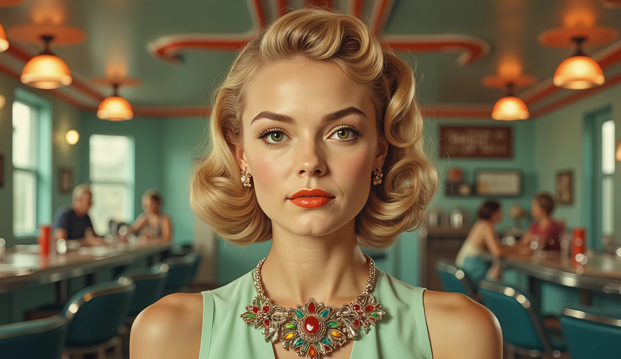 Studio portrait of a young woman, light blonde hair styled in a 1950s pin-up fashion. Light-skinned, 20s-30s age range. Pale, smooth complexion with subtle blush and natural lip color. Expression is neutral and poised, conveying confidence. She wears a sleeveless, mint green tank top, featuring a decorative, ornate necklace with a colorful, flower-shaped pendant; intricate detailing and rich jewel tones. Her posture is straight and relaxed. The setting is a retro diner or soda shop, with a teal-colored wall, rounded, orange pendant lights, and vintage-style televisions. A polished, dark wood countertop and stainless-steel bar are in the mid-ground, blurred to emphasize the subject. Soft, warm, studio lighting creates a flattering glow on the subject. Composition is centered, with the subject's gaze directly at the viewer. Perspective is a straight-on frontal view, showcasing the subject from head to midriff. Art Deco style influences are evident in the architectural design and the jewelry's ornamentation. The overall atmosphere is glamorous, evocative of 1950s American fashion and culture. Classic beauty portrait; smooth, controlled lighting. Detailed, high-key lighting emphasizes the subject and the overall atmosphere of a retro diner.
