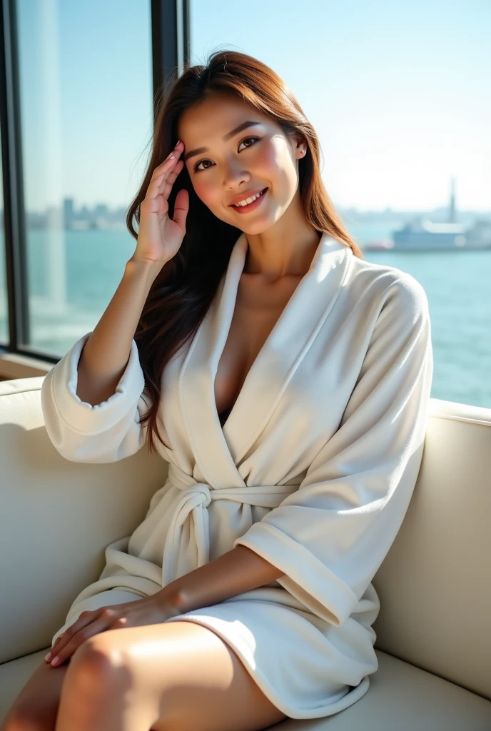 Cinematic soft lighting illuminates a stunningly detailed and ultra-realistic beautiful Japanese supermodel Haruka Igawa with a beach look, colossal , long messy windy orange hair, dressed in a closed Japanese bathrobe from 8000BC, dark brown skin, clear honey eyes, standing on a Japanese sailing boat from 8000BC in waters of Hong Kong. her hair and clothes blow in the heavy wind. captivating perfect smile, sensual, hot woman, gorgeous, Octane is the perfect tool to capture the softest details of this 16k photography masterpiece.