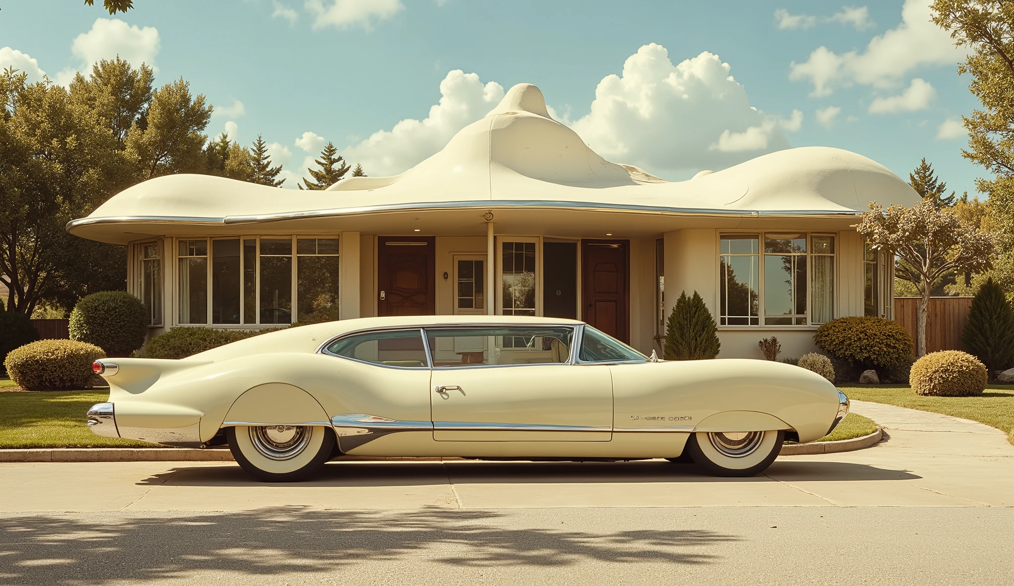 Cream-colored futuristic concept car parked in front of a mid-century modern home. Sleek, aerodynamic design with smooth curves and large, chrome-accented wheels. Exterior features futuristic elements like a low-profile chassis, long hood, and low-slung body. Home features unique, organic architecture with large, rounded forms, off-white and beige tones. Lush landscaping with trees, shrubs, and grass surrounds both structures. Sunny day with scattered clouds and distant mountains. Soft, warm lighting creates a nostalgic, mid-century modern atmosphere. Dramatic composition with the vehicle slightly angled towards the viewer, contrasting with the architecture. Mid-century modern style, photorealism. Focus on shape, form, color, and architectural details. Exterior shot with a neutral, sun-drenched perspective. Exterior view of a home and its surroundings. Light beige and cream, contrasted with natural greens. Classic mid-century design. Outdoor scene with landscape as backdrop.