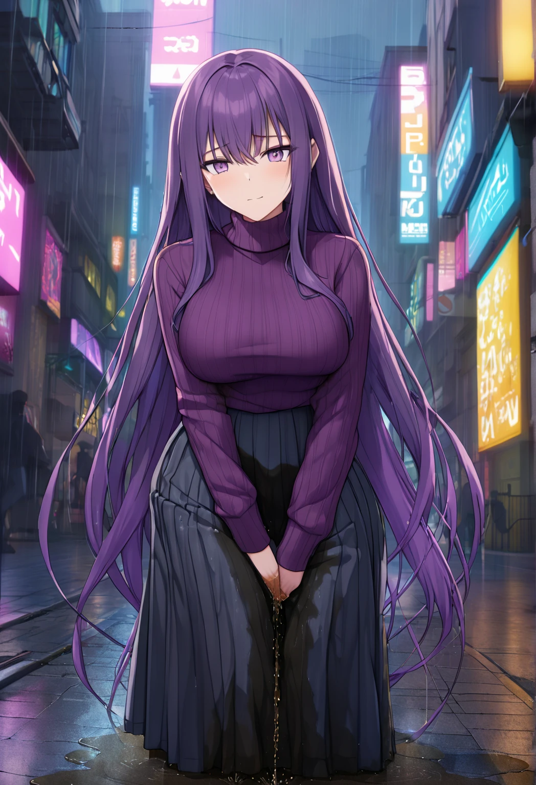(masterpiece:1.37), best quality, (extremely detailed:1.37), woman, (mature:1.5), (adult:1.5), large breasts, very long hair, (straight hair:1.5), dark purple hair, purple eyes, (extremely detailed eyes:1.37), (very long dress:1.5), (very tight dress:1.5), desperation, (wetting self:1.5), standing, embarrassed, humiliation, blushing, angry, city, futuristic, neon lighting, high-tech, street