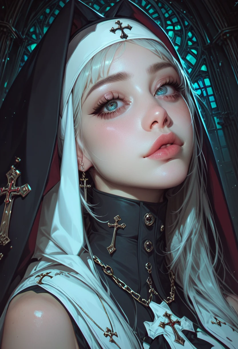 White hair, Evelynn lol, nun's outfit, big pink cross on forehead, yellow eyes, perfect eyes, holding makeup box with drawing of a cross --auto --s2