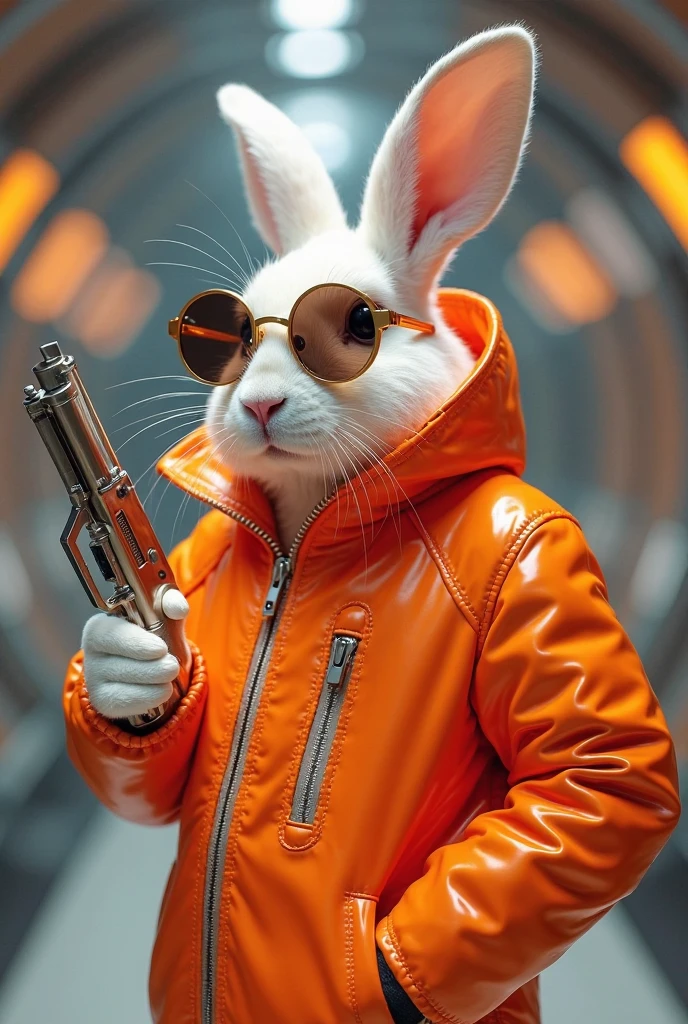 A psychopathic rabbit, smoking a joint, com uma glock, sunglasses, black military vest with a patch that says tame rabbit