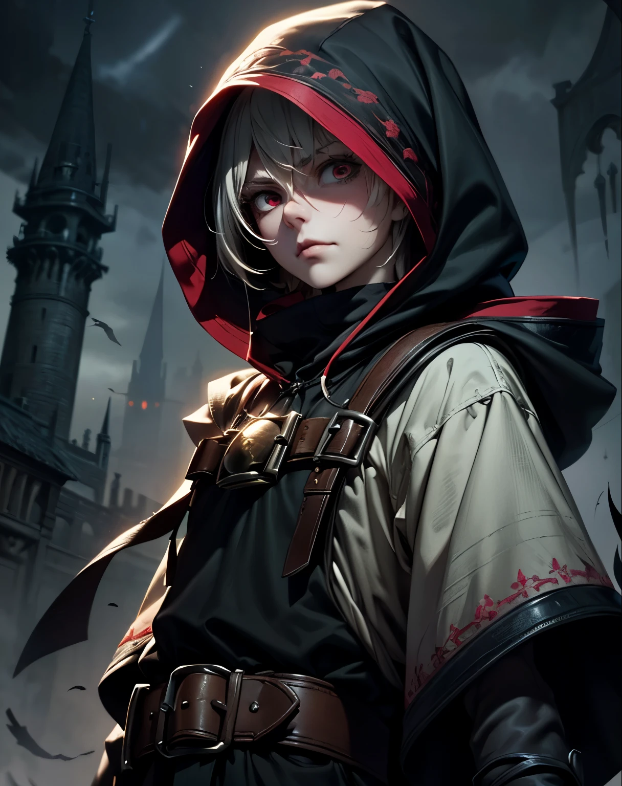 (Best Quality), Super Detail, High Resolution 8K, (finely detail:1.3), Solo, Looking at Viewer, Dark Hooded Magician, Creepy Atmosphera, Upper Body, 1boy, (Covered Head, Hidden Face), Dark Fantasy City, very short gray and white shaggy hair, Red Eyes, Brutal, Some Smirked, Detalized Face, anime, with buckle and tape, bloodborne, (masterpiece, top quality, best quality, extreme detailed, highest detailed, official art, cinematic composition), (eyeliner:0.5), (blush:0.5), below_view, (Highest Quality)