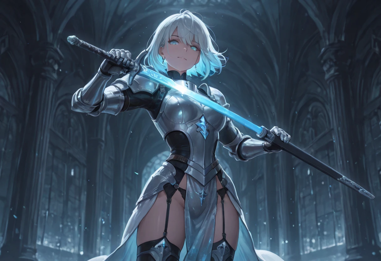 ((solo)), amazing masterpiece, top quality, high fashion, absurdres extremely, HDR, intricate details, vivid colors, cool female, The face of a peerless beauty, short hair, shaggy hair, wolf cut hair, white hair, blue hair, gradation hair, glowing blue eyes, Female Holy knight costume, gauntlet, garter strap, pelvic curtain, Low Rise panties, glowing shining sword, holding sword unsheathing, A confident expression, A full smile, cowboy shot, Low posture, The end of the century, shining aura, Justice, Absolute zero freezing boundary
