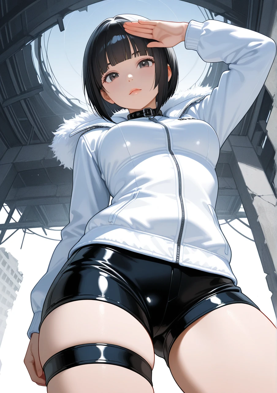 ((beautiful lighting)), corte bob de cabello plateado ondulado, gal, Medias ajustadas, Muy lindo, pechos enormes, muslos gruesos, Uniforme escolar, escote, NSFW, (Obra maestra)), ((highest qualityr)), gargantilla, wet with white liquid, piernas abiertas